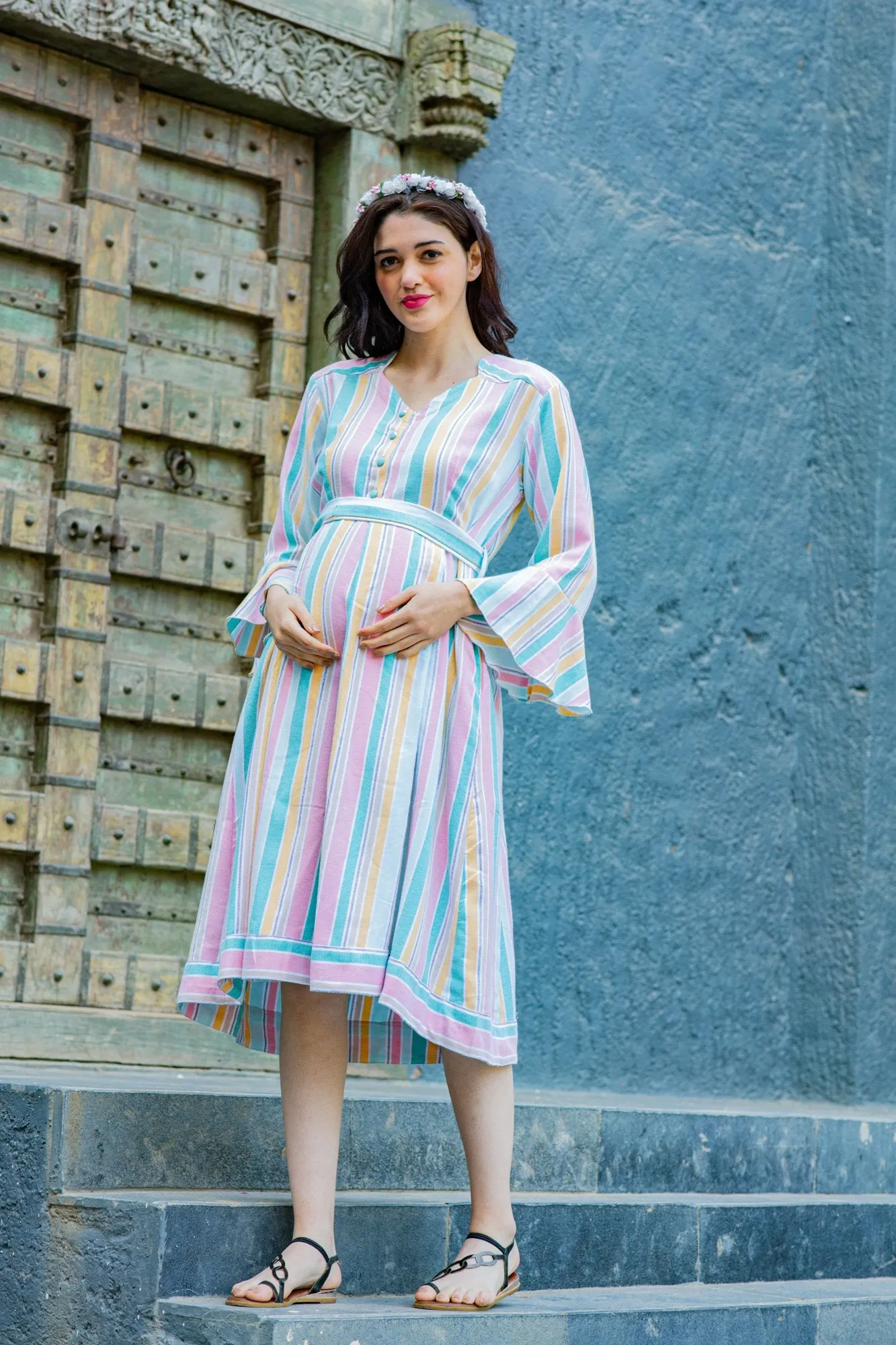 Serene Striped Maternity & Nursing Knee Wrap Dress