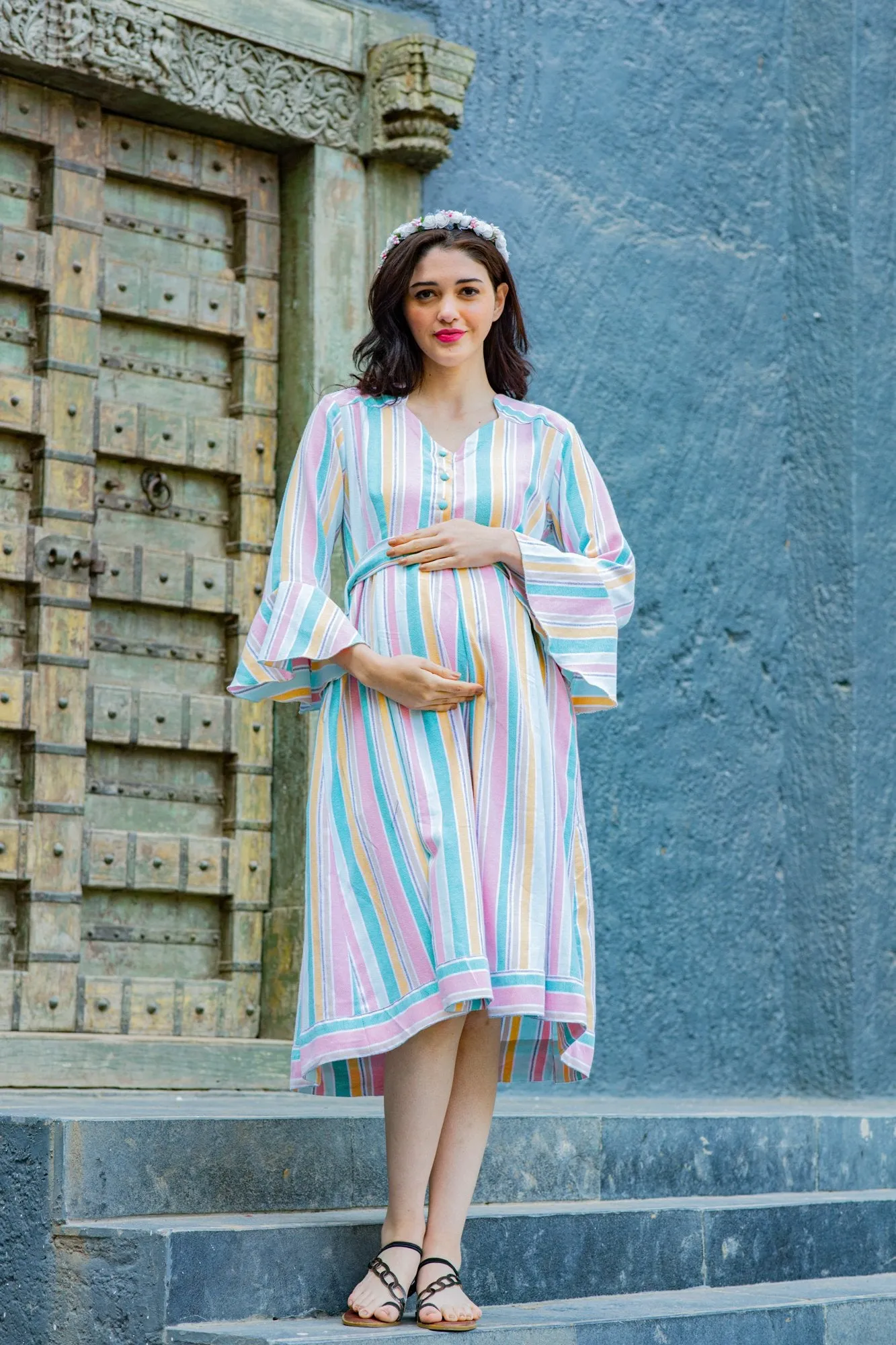 Serene Striped Maternity & Nursing Knee Wrap Dress