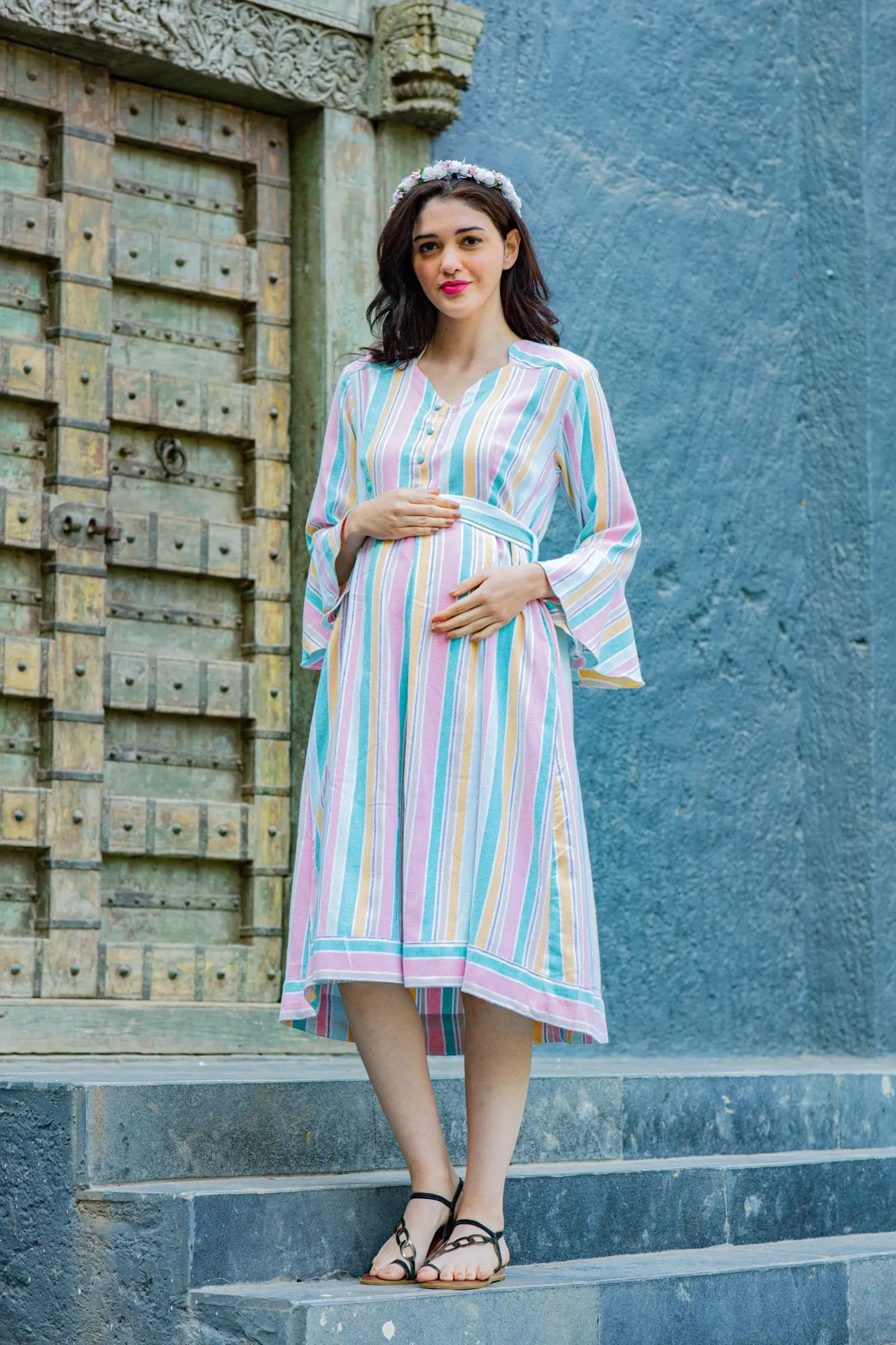 Serene Striped Maternity & Nursing Knee Wrap Dress