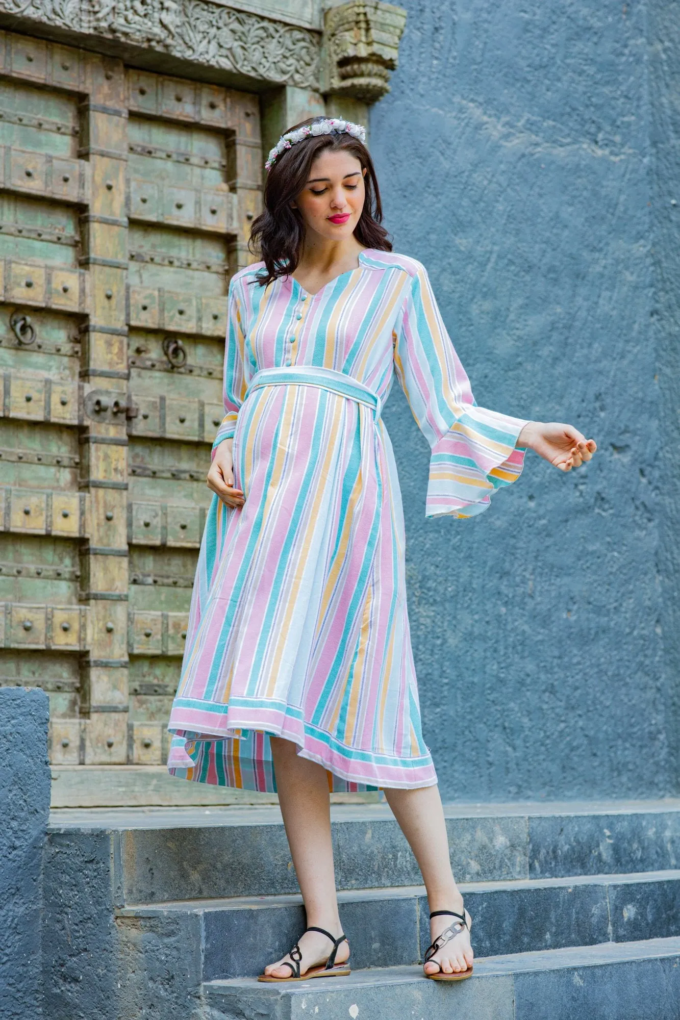 Serene Striped Maternity & Nursing Knee Wrap Dress