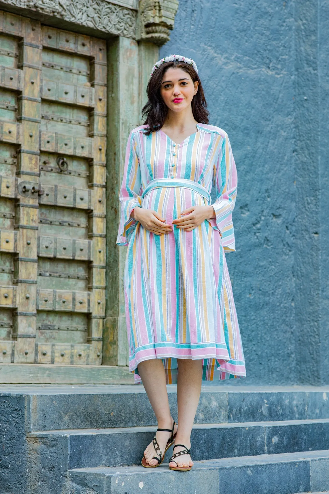 Serene Striped Maternity & Nursing Knee Wrap Dress