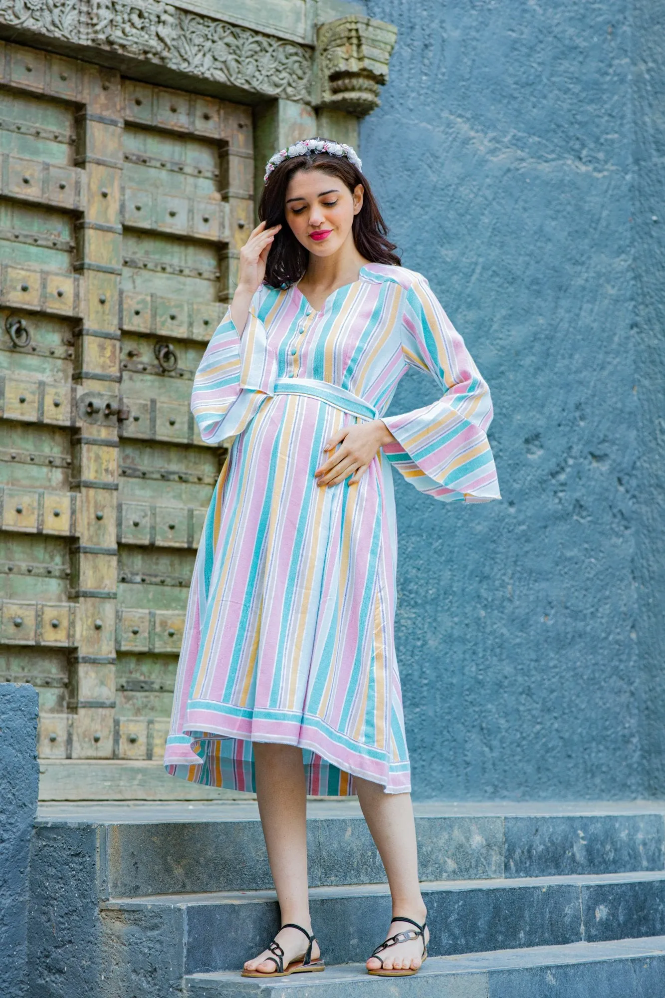 Serene Striped Maternity & Nursing Knee Wrap Dress