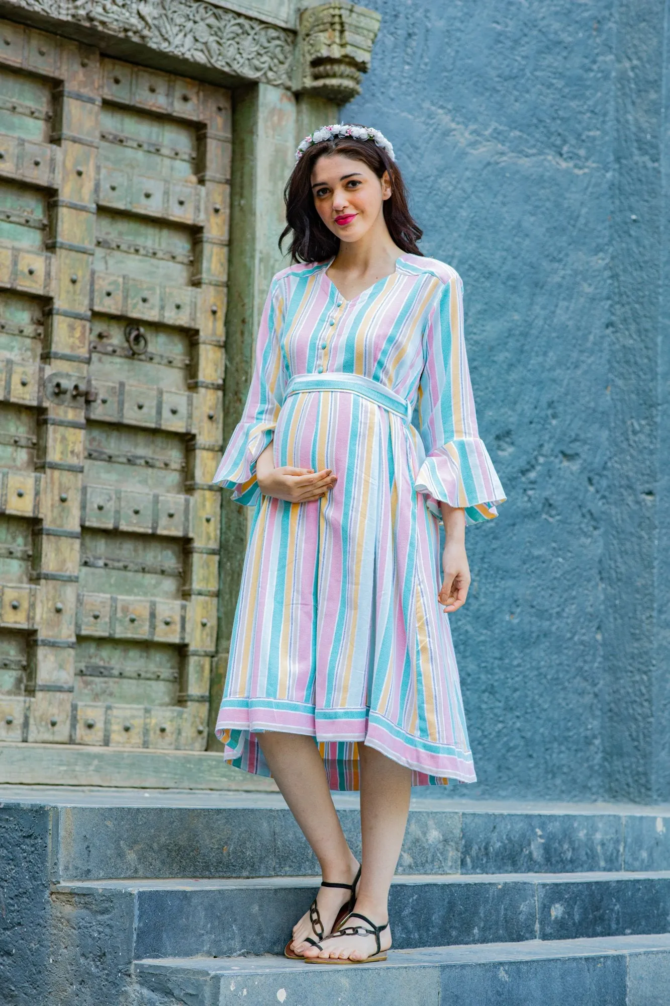 Serene Striped Maternity & Nursing Knee Wrap Dress