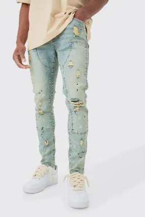 Skinny Stretch Ripped Carpenter Jeans In Antique Blue