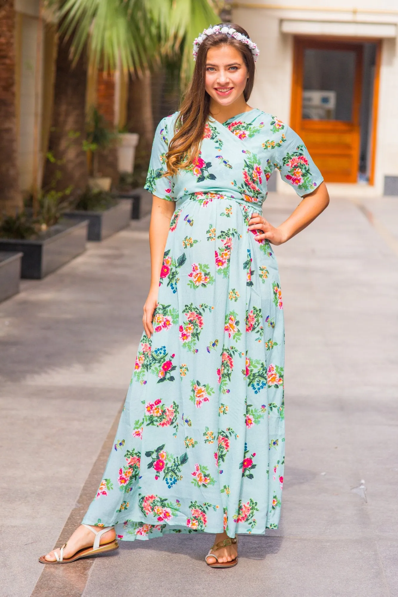 Sky Blue Blossom Maternity & Nursing Wrap Dress