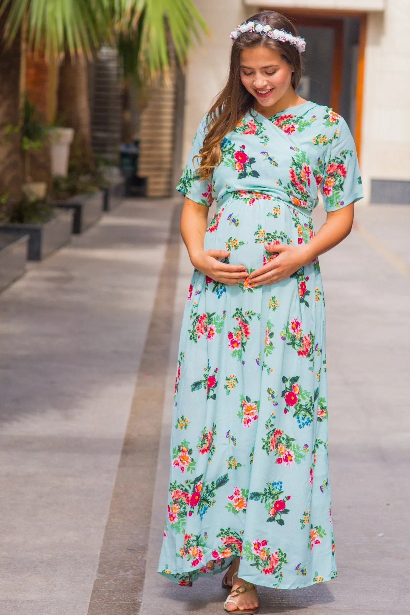 Sky Blue Blossom Maternity & Nursing Wrap Dress