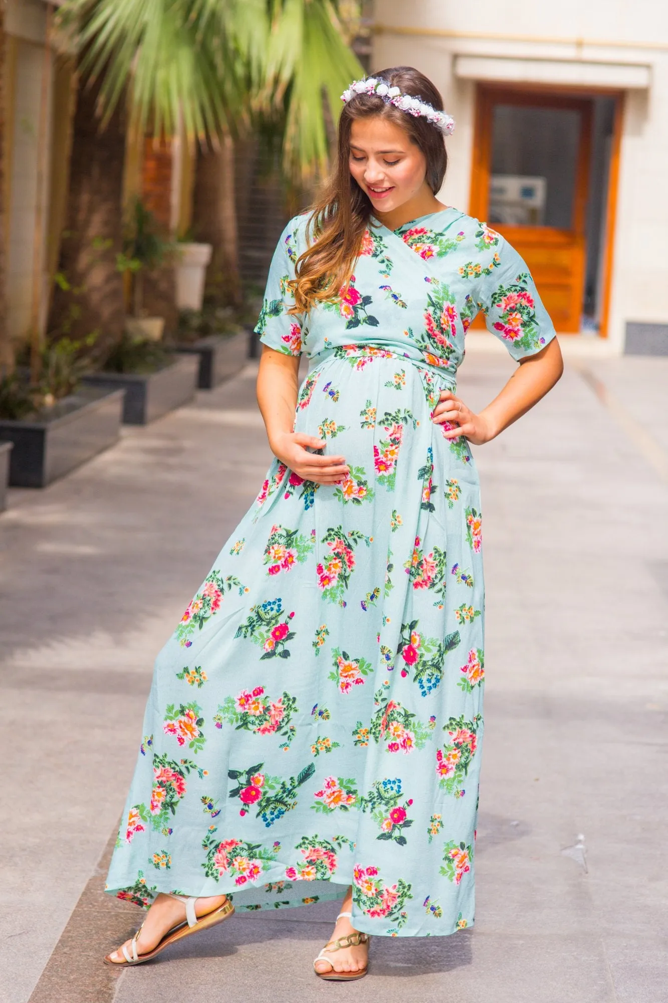 Sky Blue Blossom Maternity & Nursing Wrap Dress