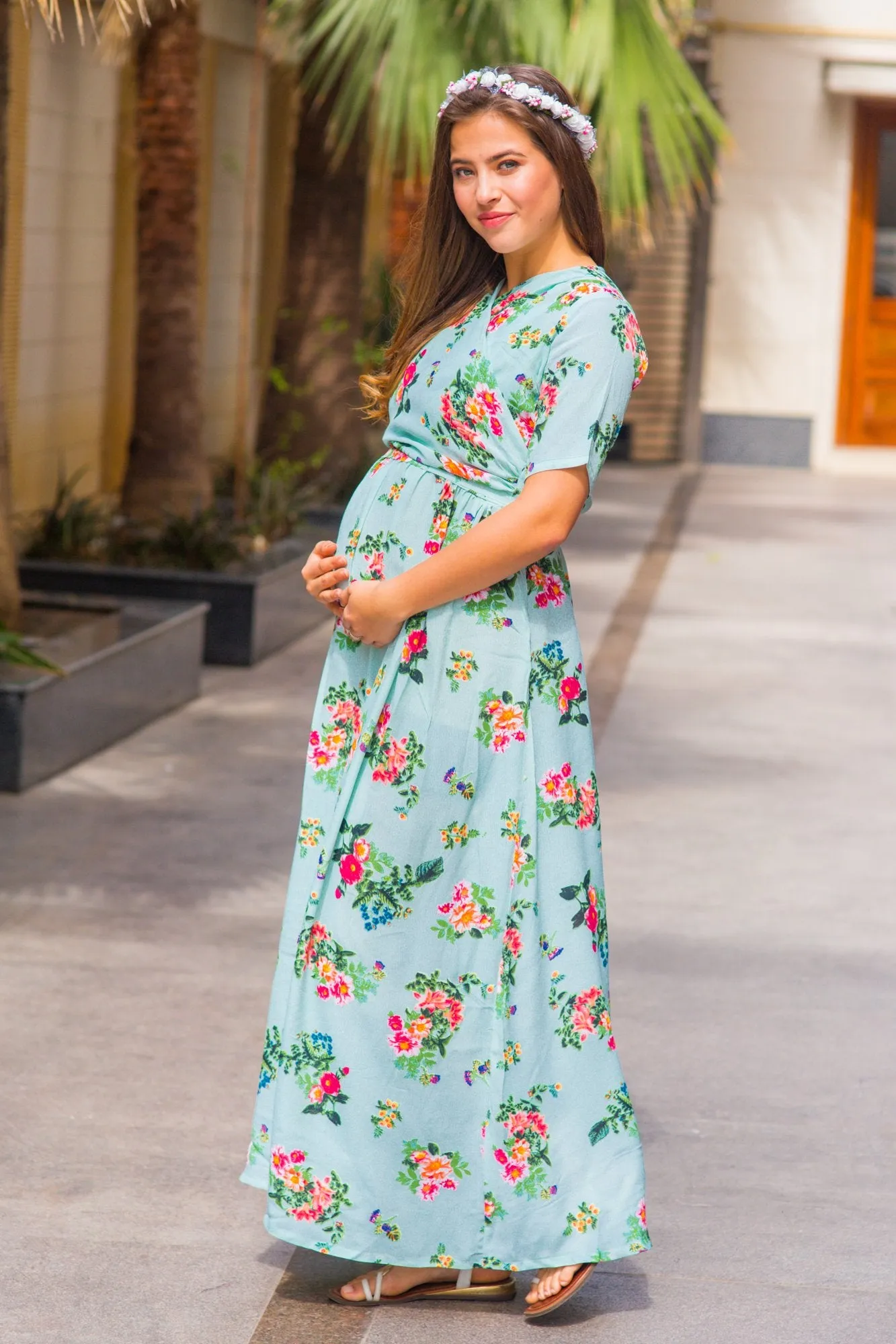 Sky Blue Blossom Maternity & Nursing Wrap Dress