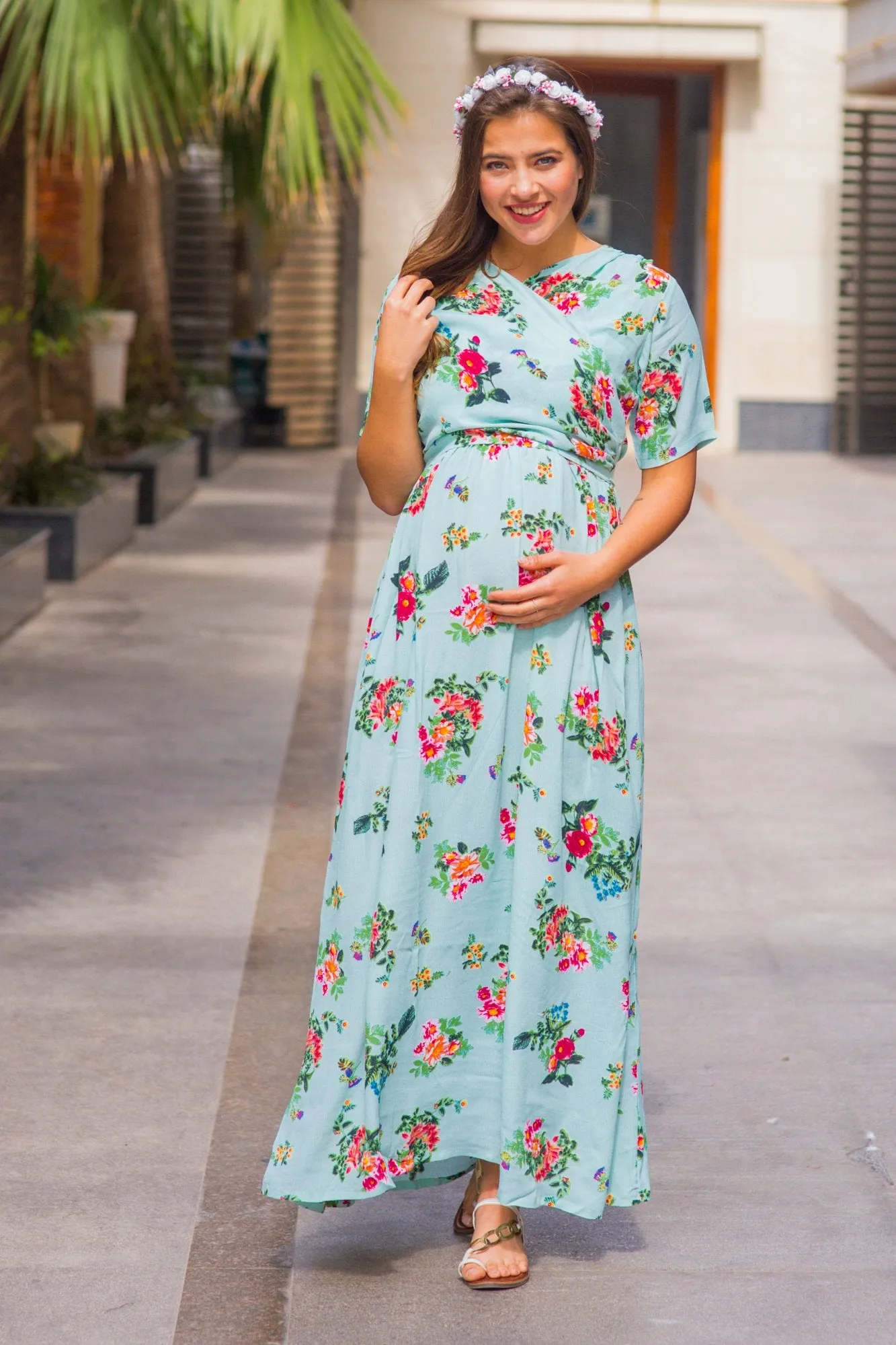 Sky Blue Blossom Maternity & Nursing Wrap Dress