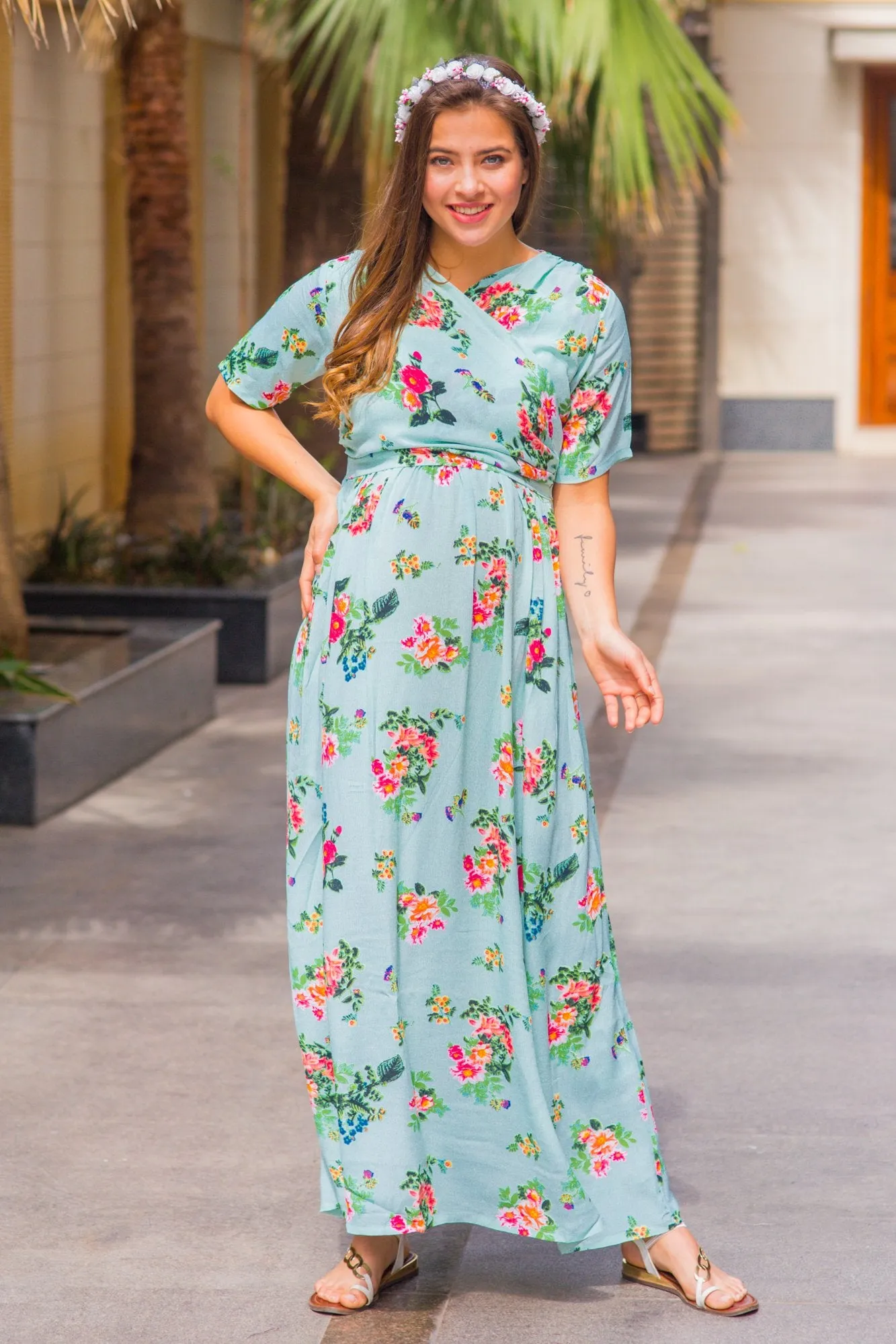 Sky Blue Blossom Maternity & Nursing Wrap Dress