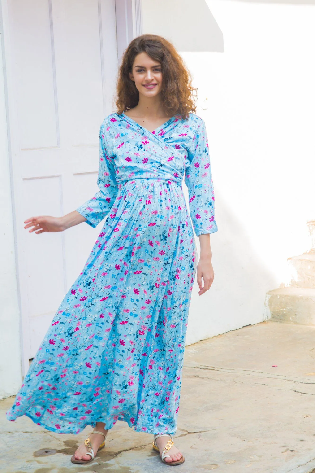 Sky Blue Floral  Maternity & Nursing Wrap Dress