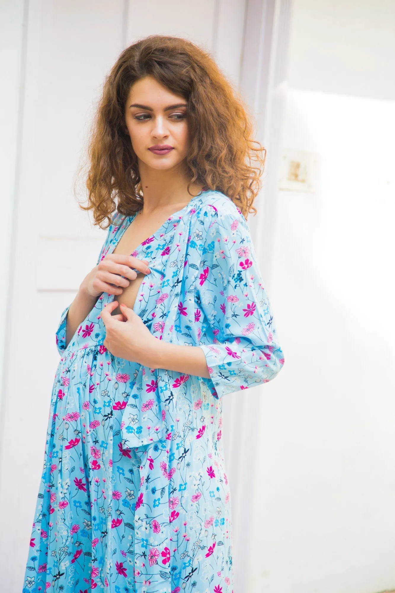 Sky Blue Floral  Maternity & Nursing Wrap Dress