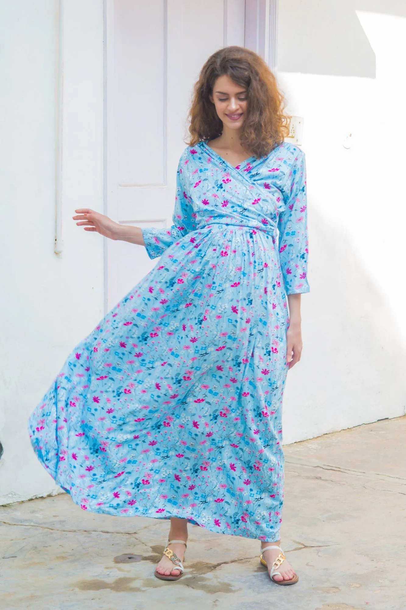 Sky Blue Floral  Maternity & Nursing Wrap Dress