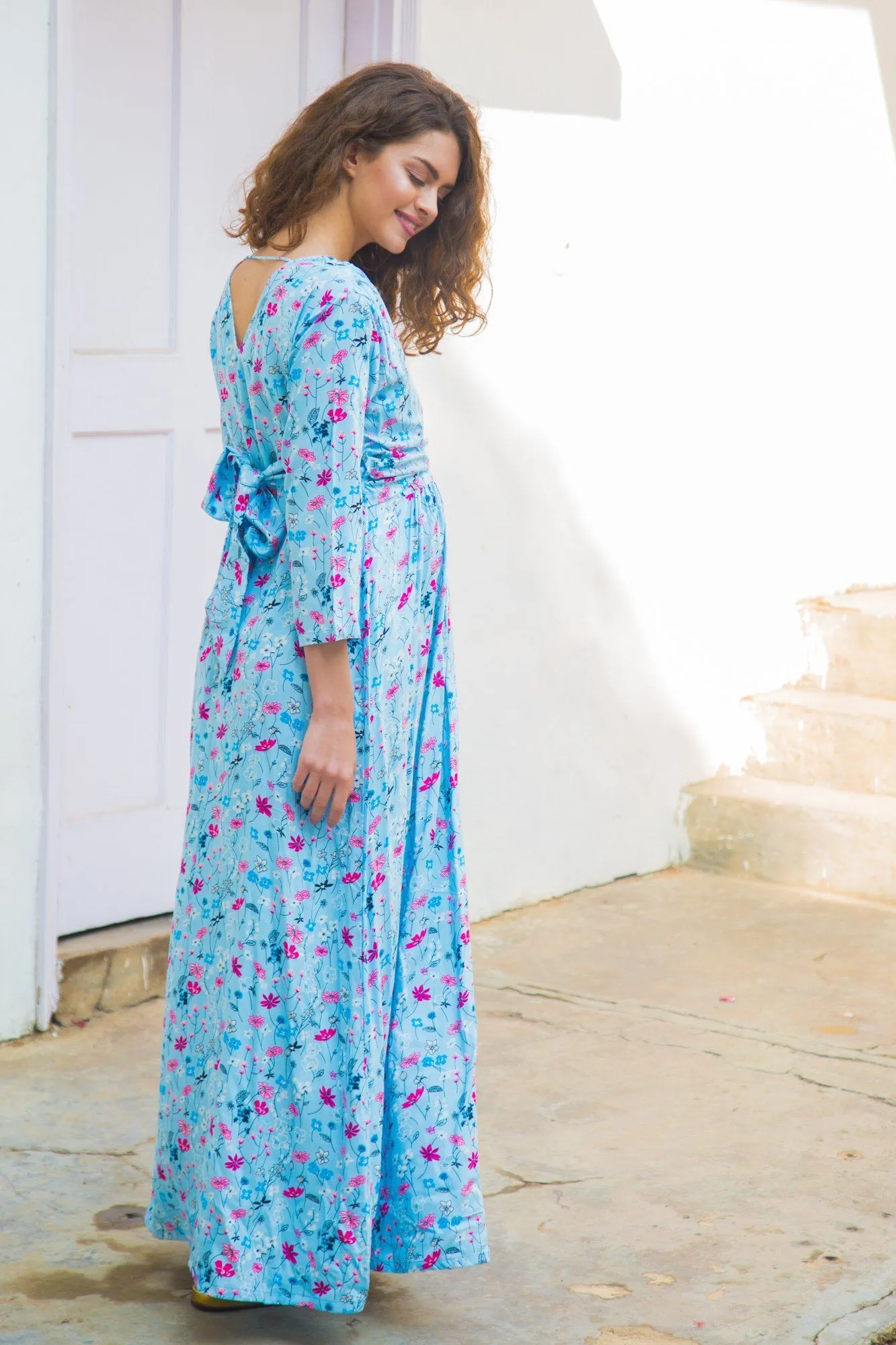 Sky Blue Floral  Maternity & Nursing Wrap Dress