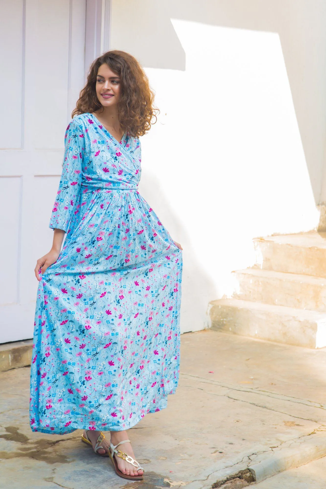 Sky Blue Floral  Maternity & Nursing Wrap Dress