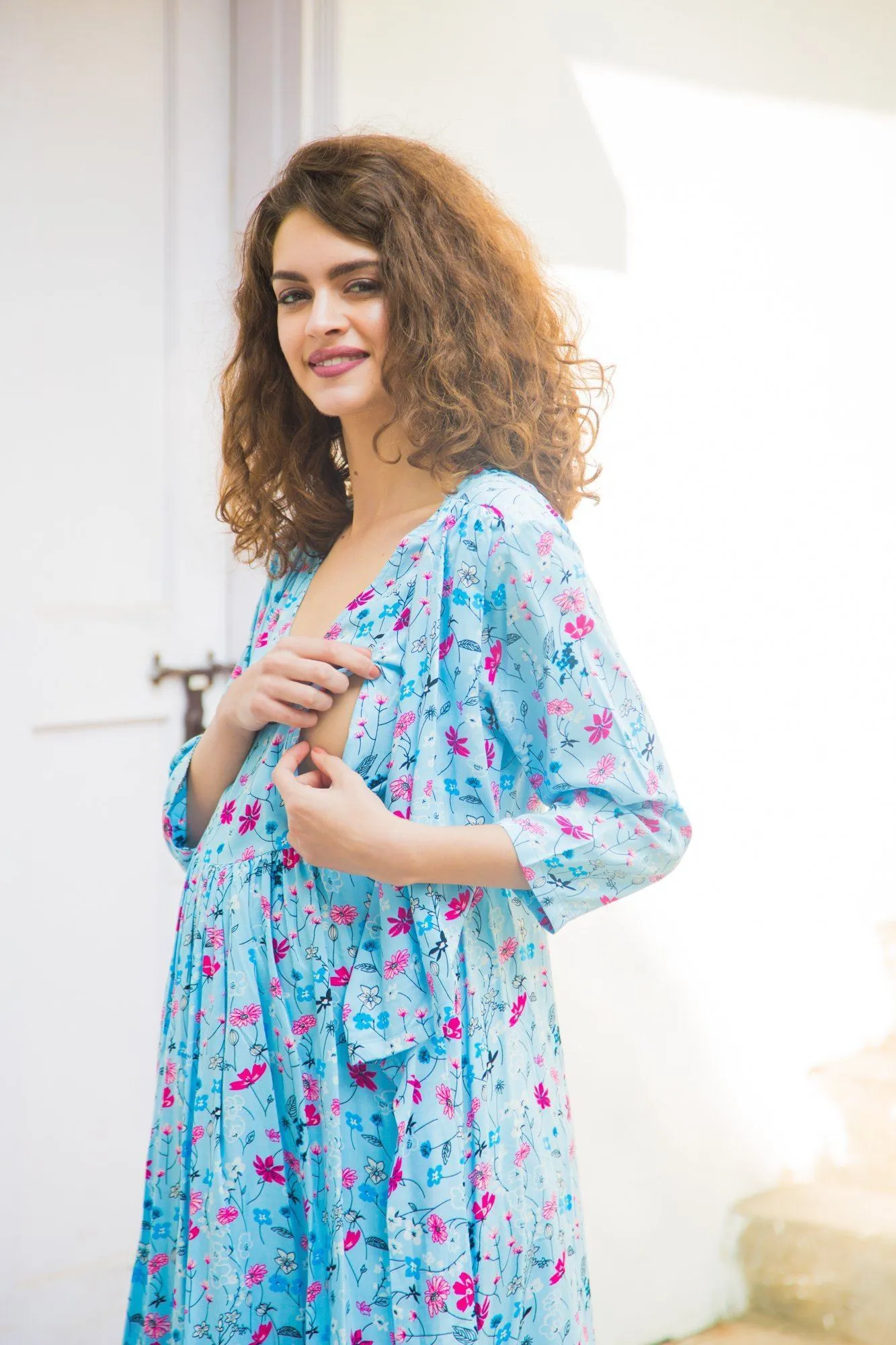 Sky Blue Floral  Maternity & Nursing Wrap Dress