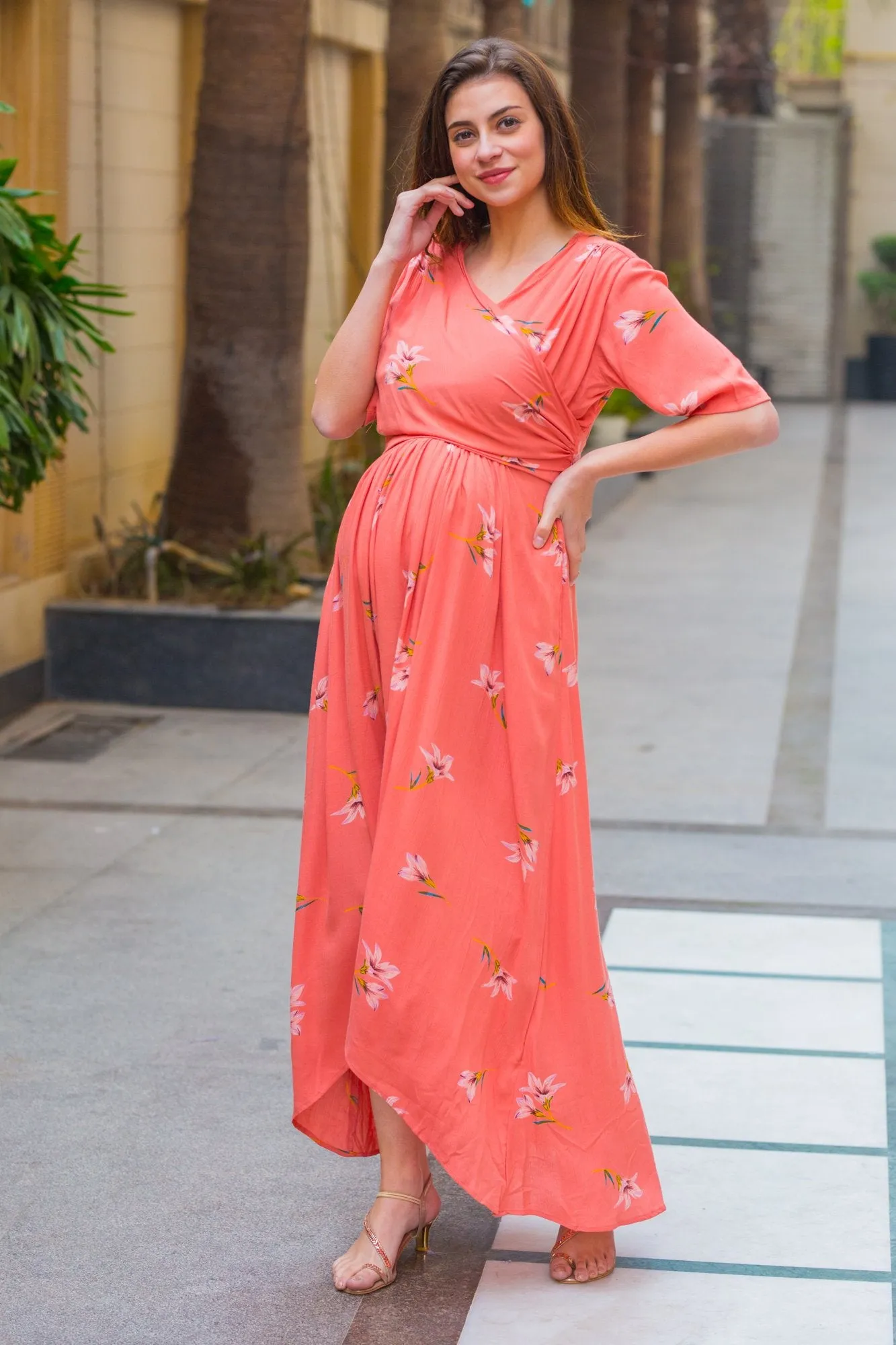 Soothing Coral Maternity & Nursing Wrap Dress