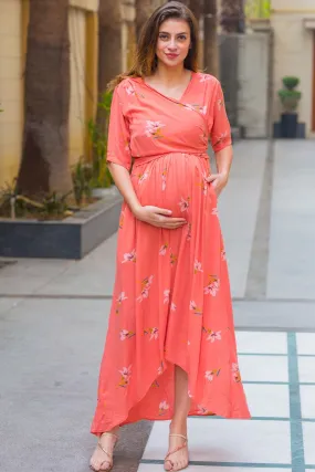 Soothing Coral Maternity & Nursing Wrap Dress