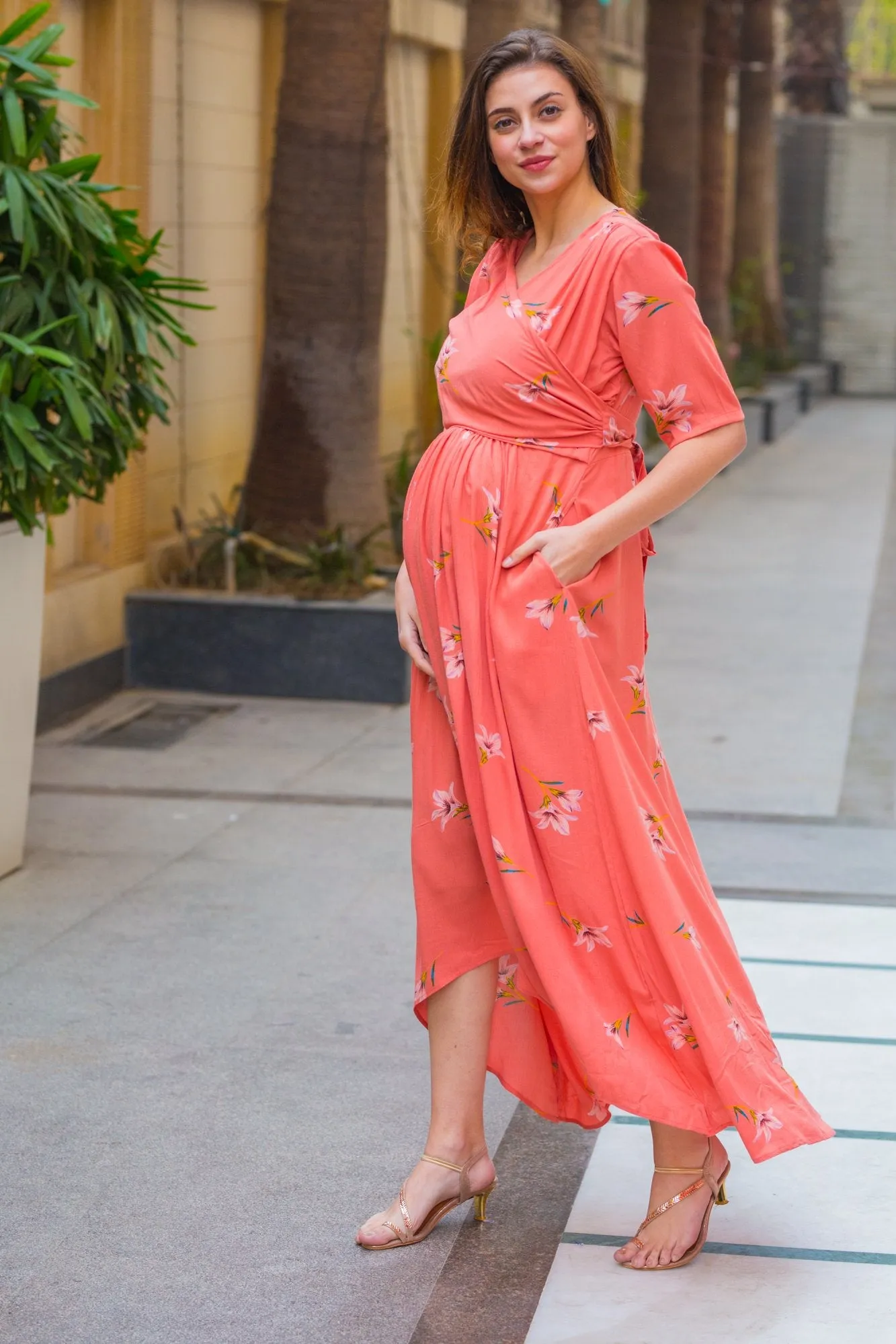 Soothing Coral Maternity & Nursing Wrap Dress