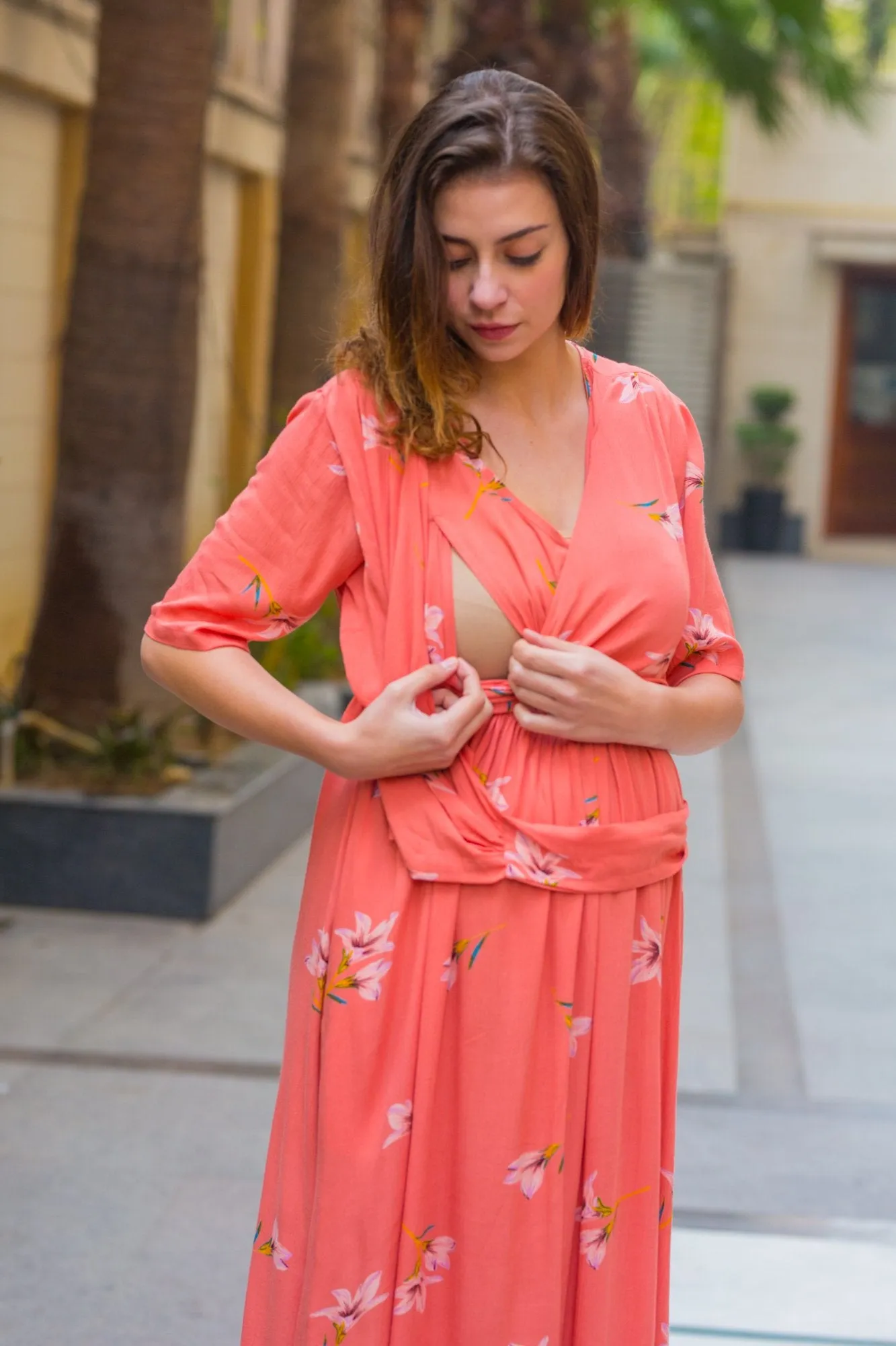 Soothing Coral Maternity & Nursing Wrap Dress