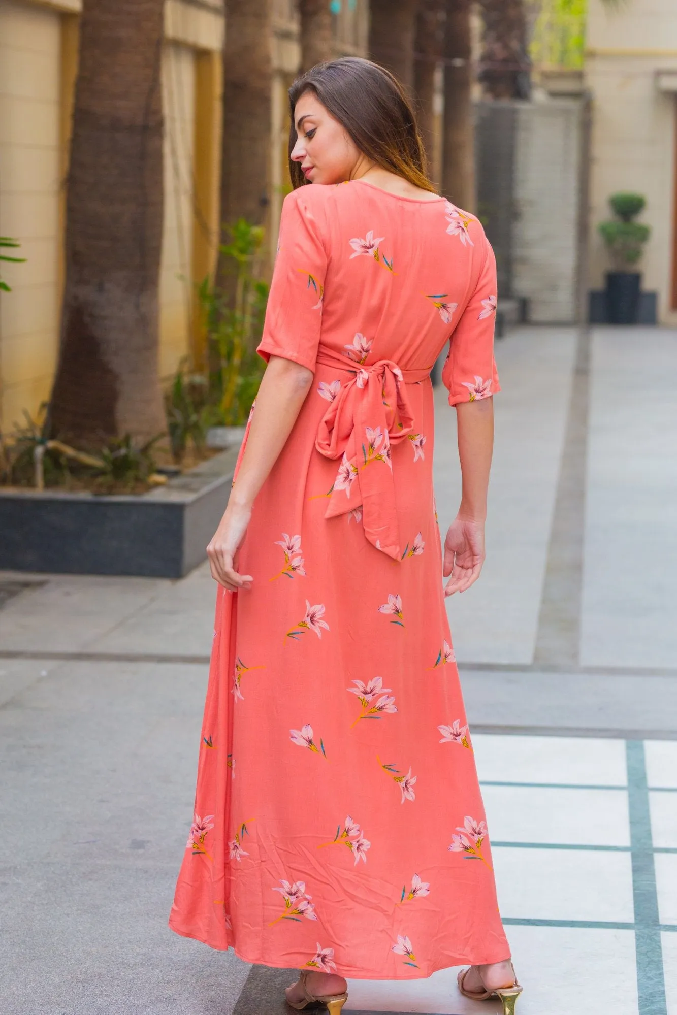 Soothing Coral Maternity & Nursing Wrap Dress