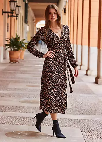 Sosandar Natural Animal Print Midi Wrap Dress | Grattan