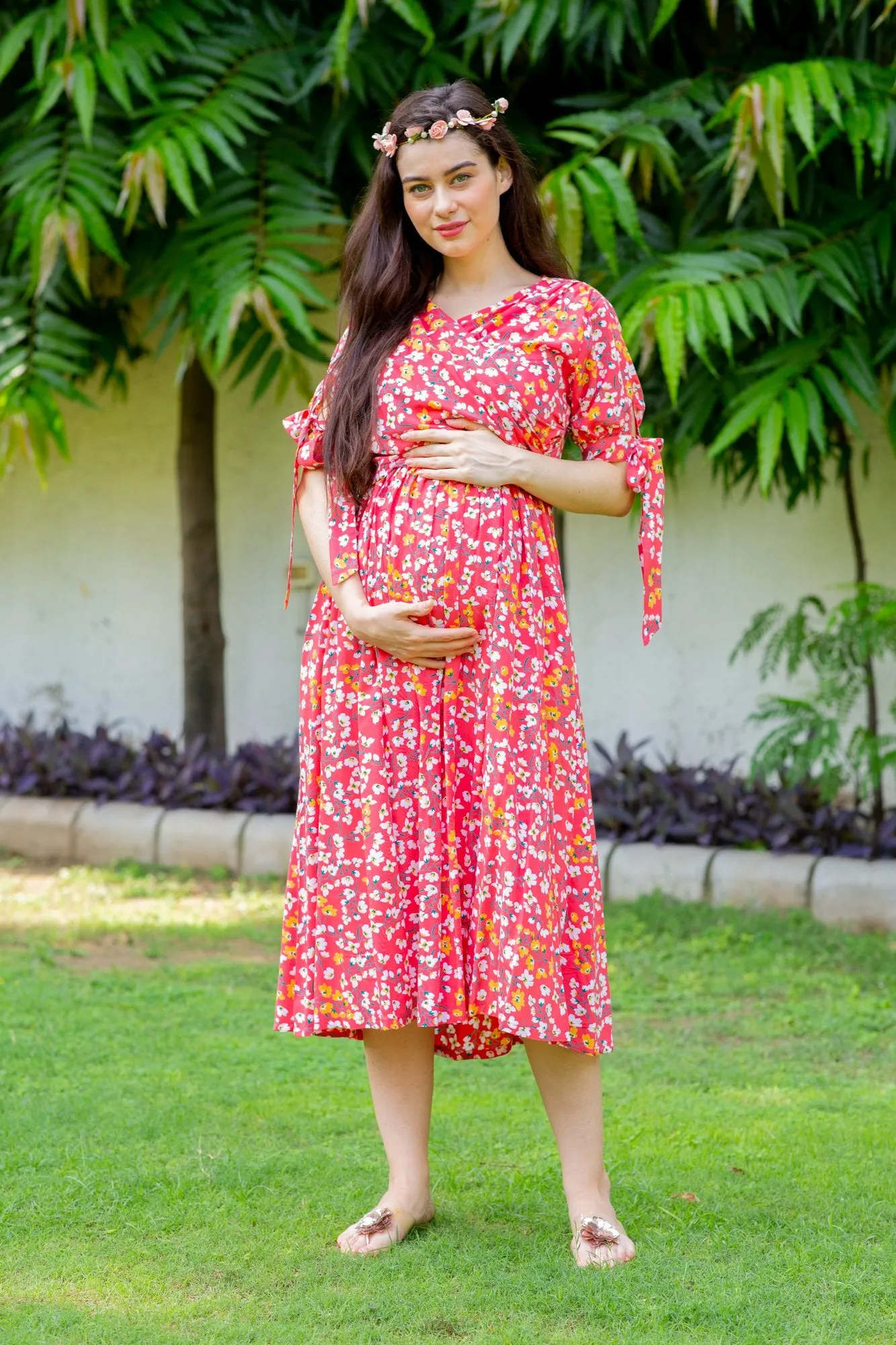 Strawberry Red Maternity & Nursing Midi Wrap Dress