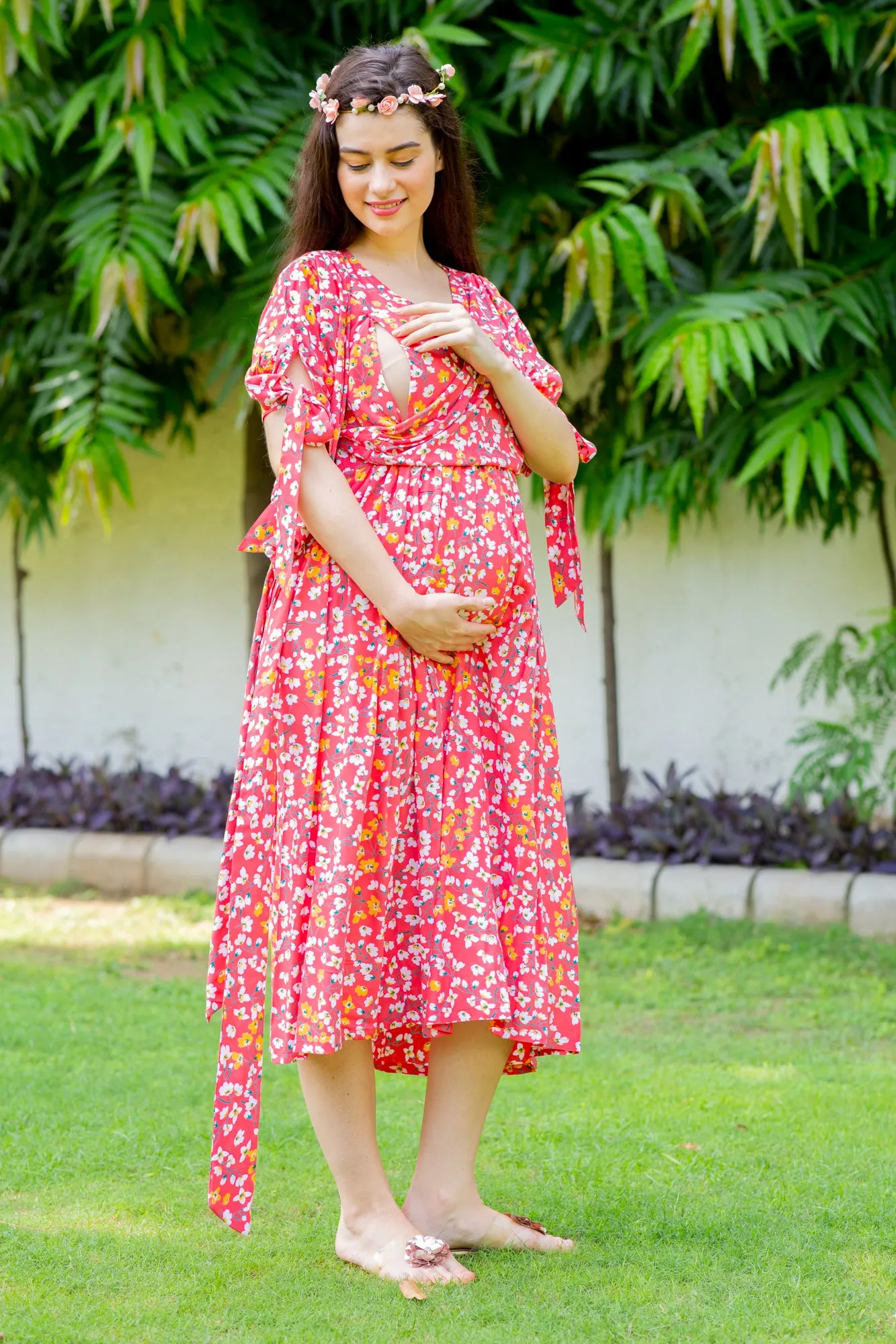 Strawberry Red Maternity & Nursing Midi Wrap Dress