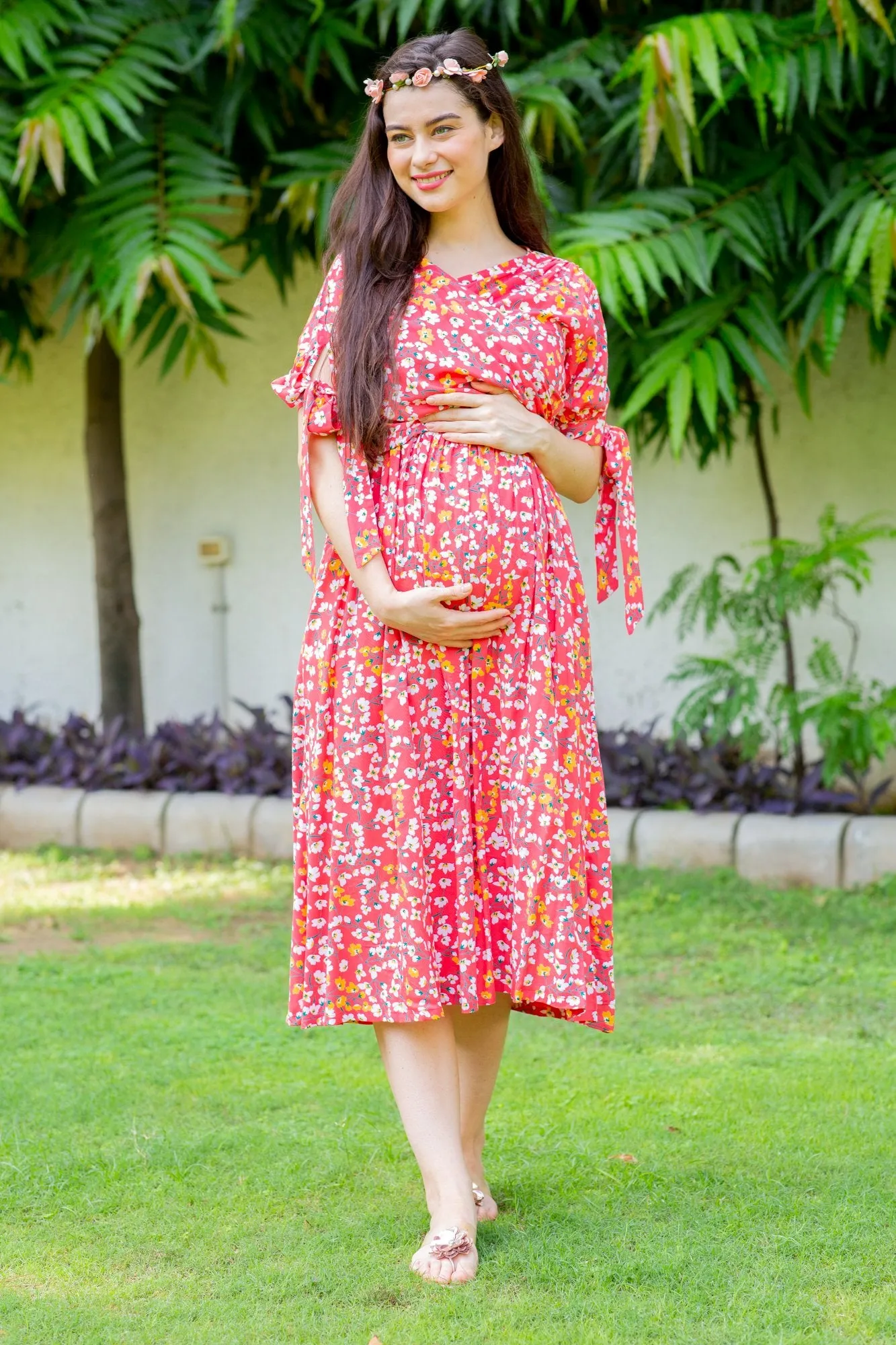 Strawberry Red Maternity & Nursing Midi Wrap Dress