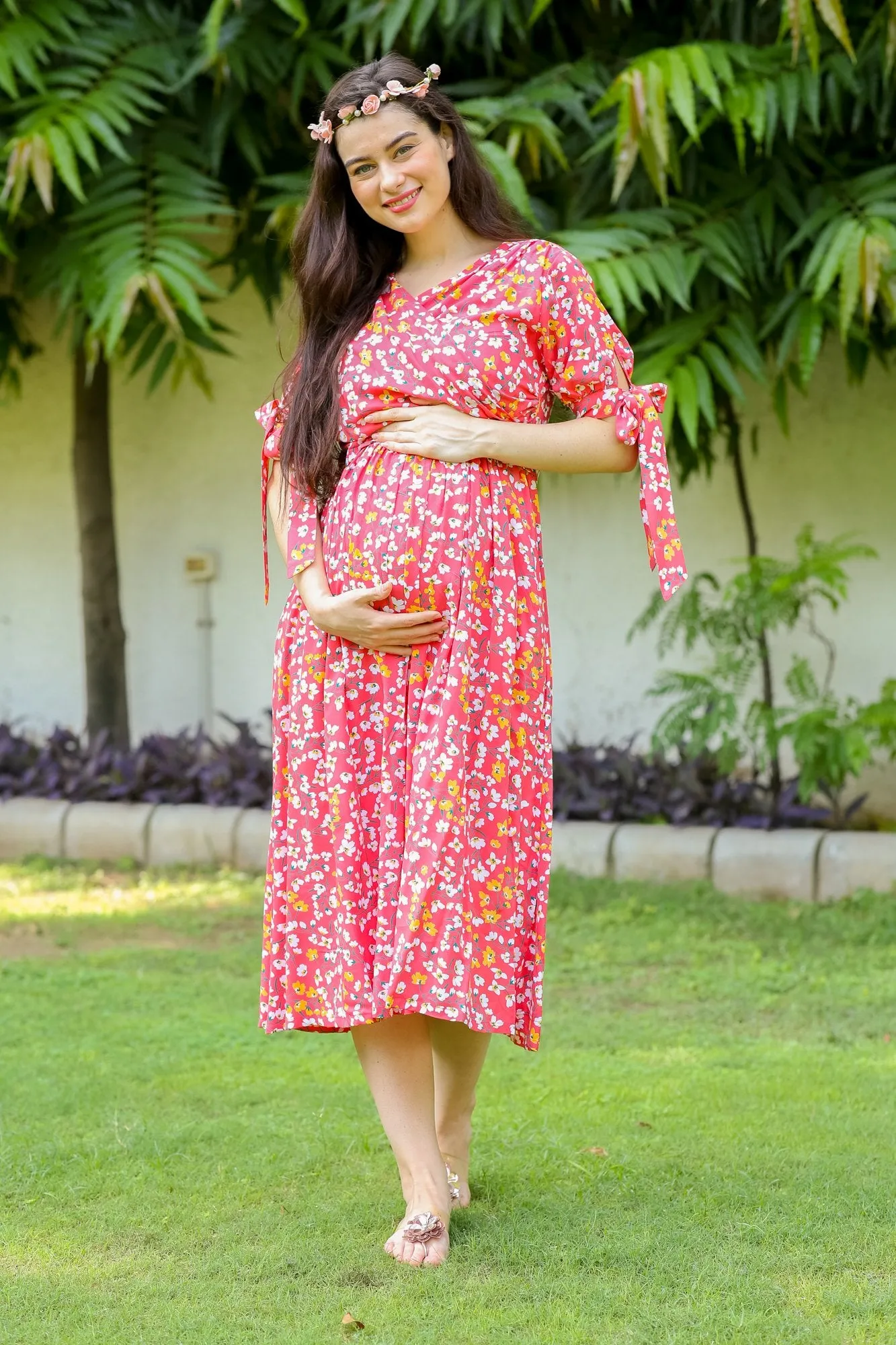 Strawberry Red Maternity & Nursing Midi Wrap Dress