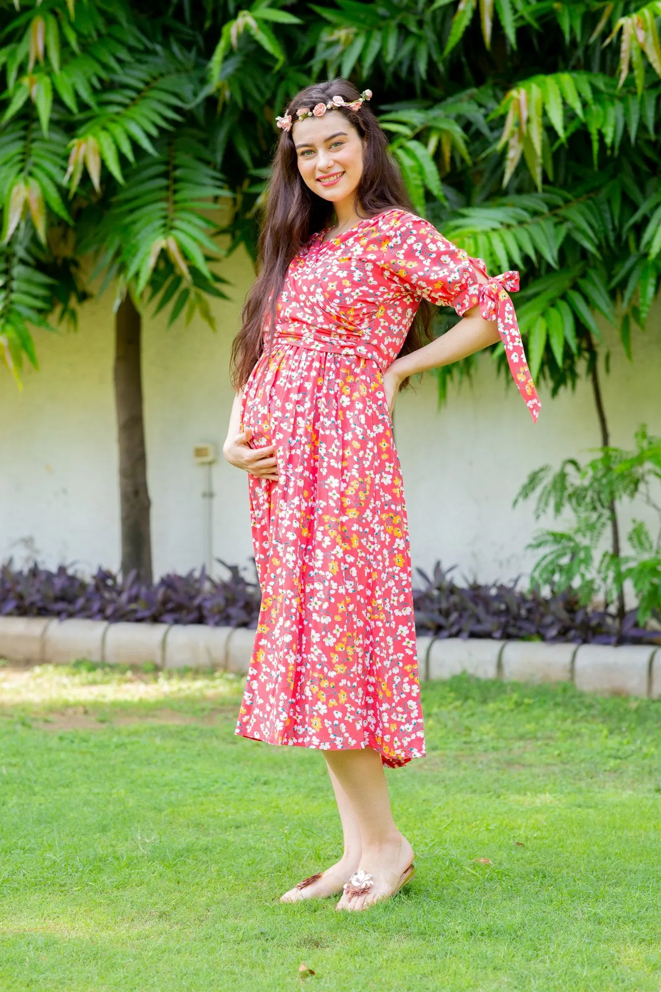 Strawberry Red Maternity & Nursing Midi Wrap Dress