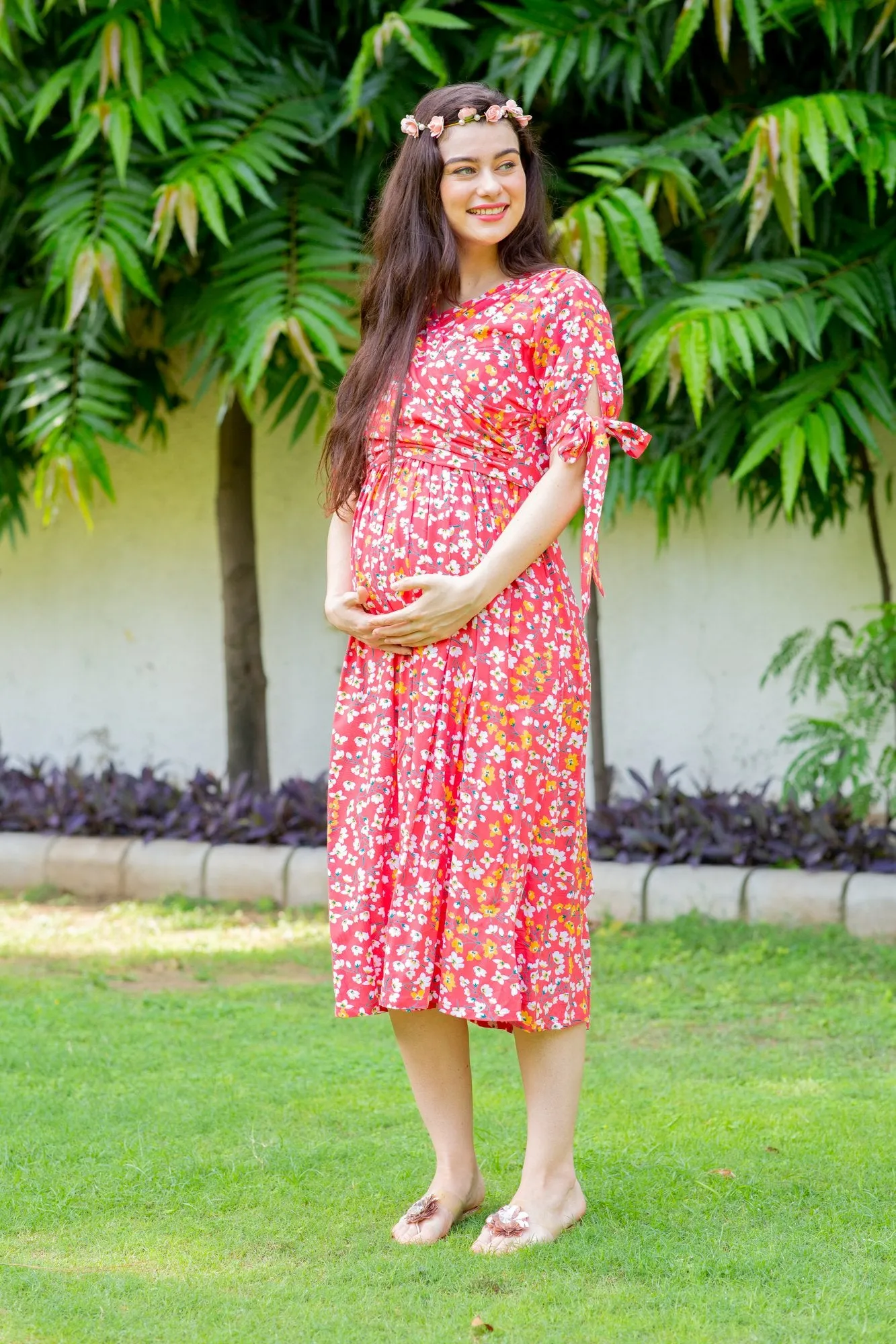 Strawberry Red Maternity & Nursing Midi Wrap Dress