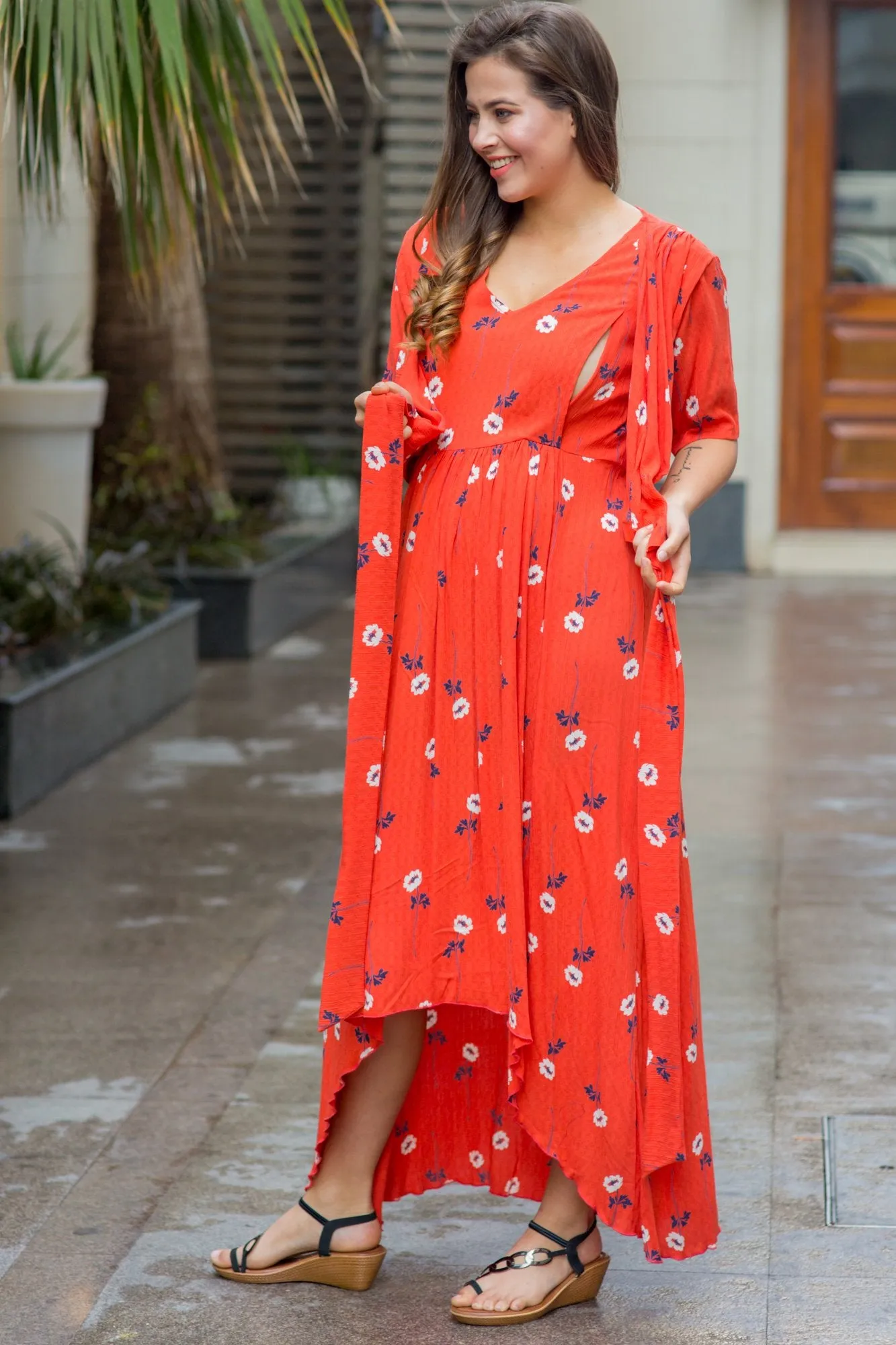 Tangerine Blossom Hi-Low Maternity & Nursing Wrap Dress