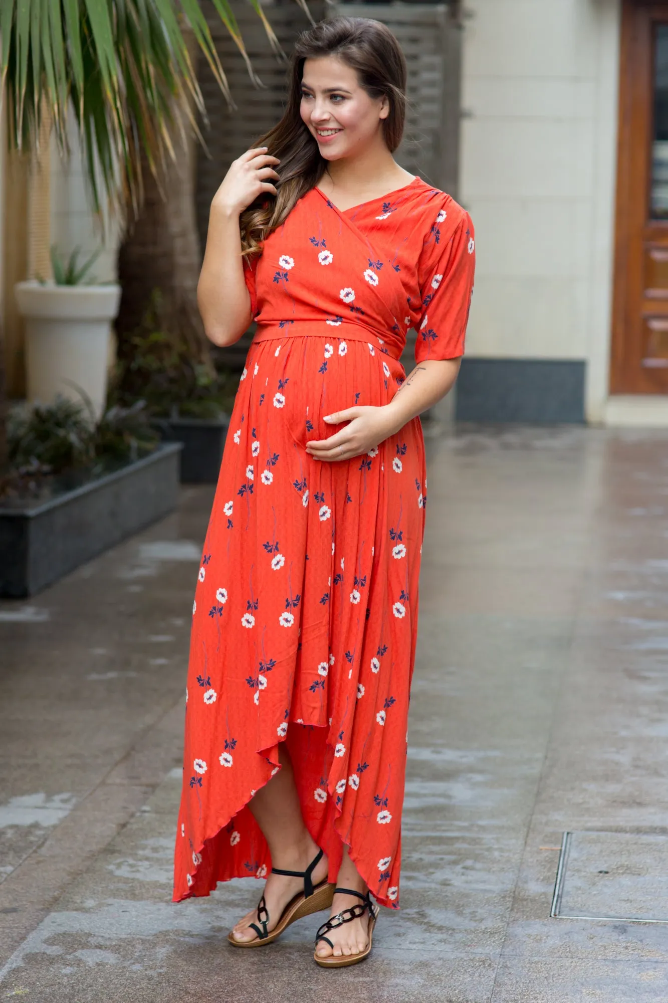 Tangerine Blossom Hi-Low Maternity & Nursing Wrap Dress