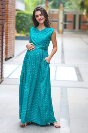 Teal Polka Maternity & Nursing Sleeveless Wrap Dress