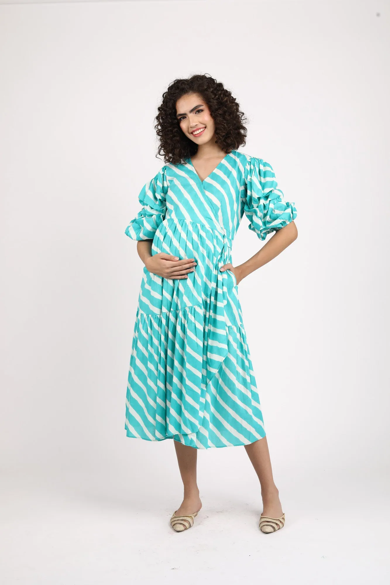 Tiffany Blue Stripe Maternity & Nursing Frill Wrap Dress (100% Cotton)