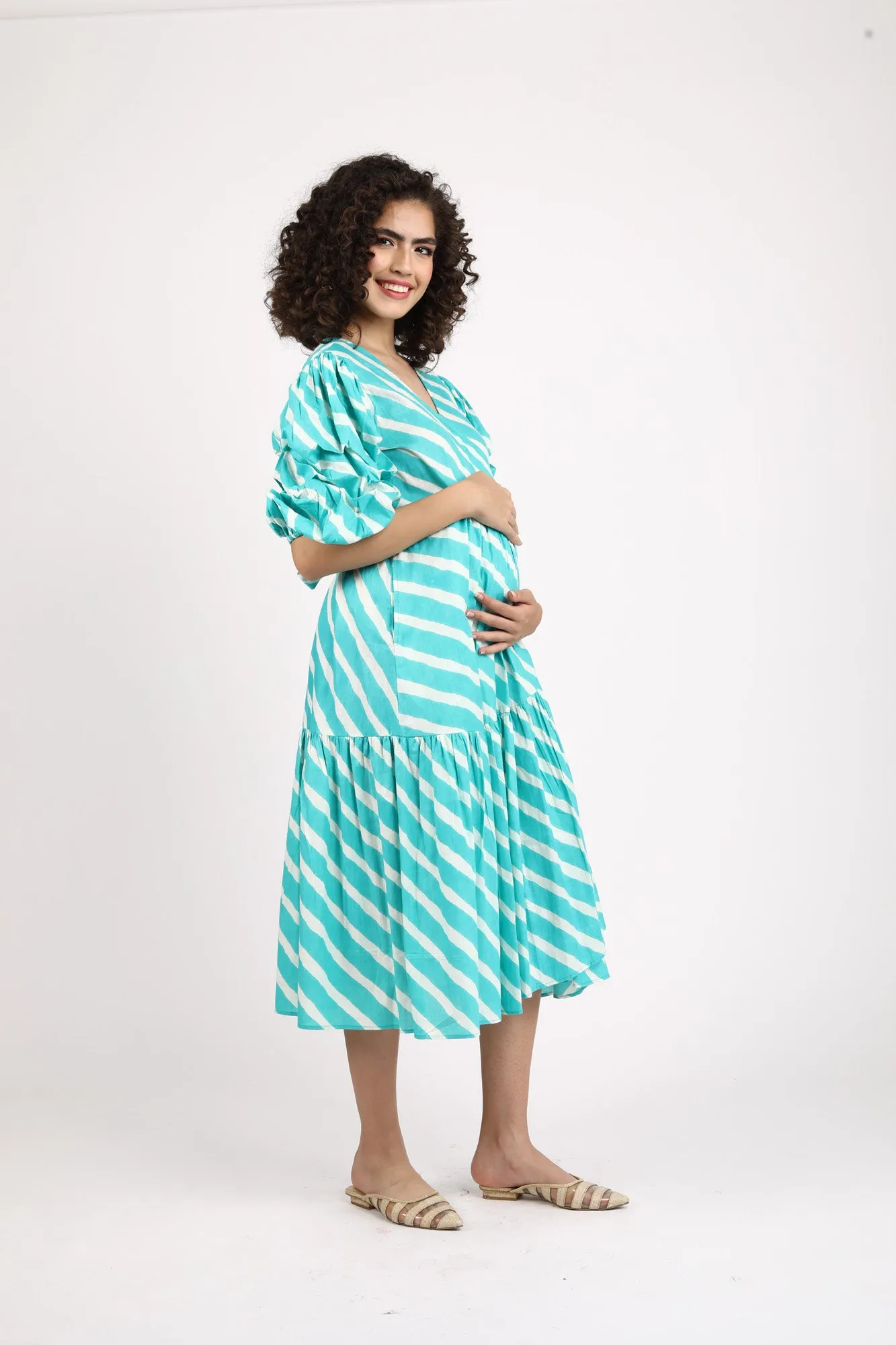 Tiffany Blue Stripe Maternity & Nursing Frill Wrap Dress (100% Cotton)