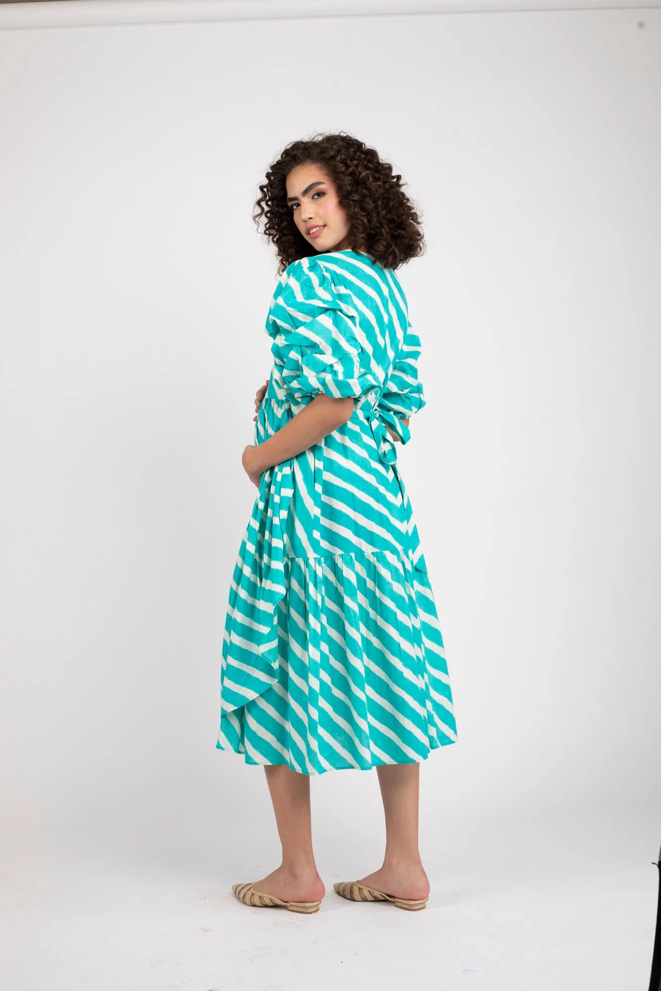 Tiffany Blue Stripe Maternity & Nursing Frill Wrap Dress (100% Cotton)