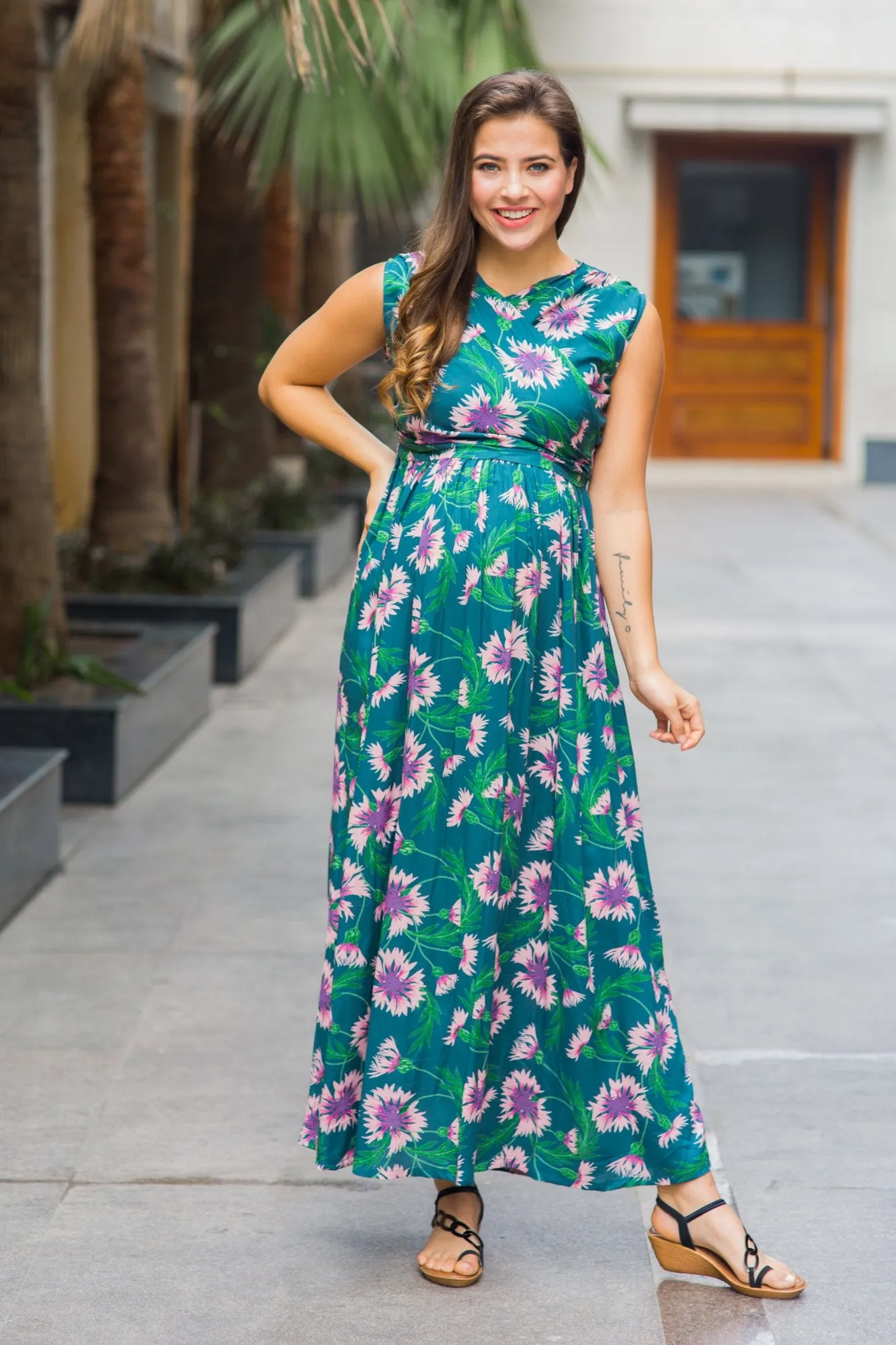 Tropical Floral Maternity & Nursing Sleeveless Wrap Dress