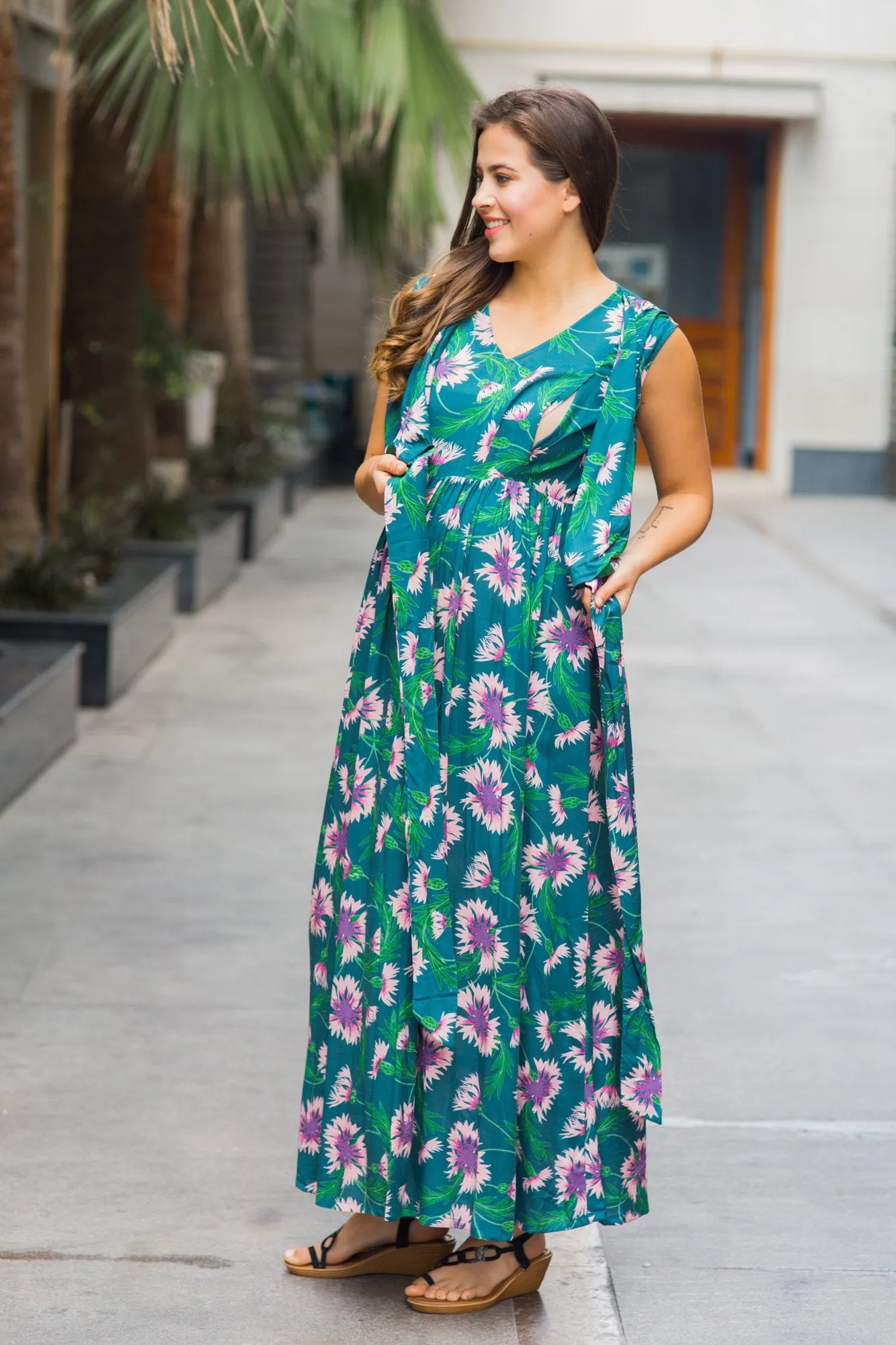 Tropical Floral Maternity & Nursing Sleeveless Wrap Dress