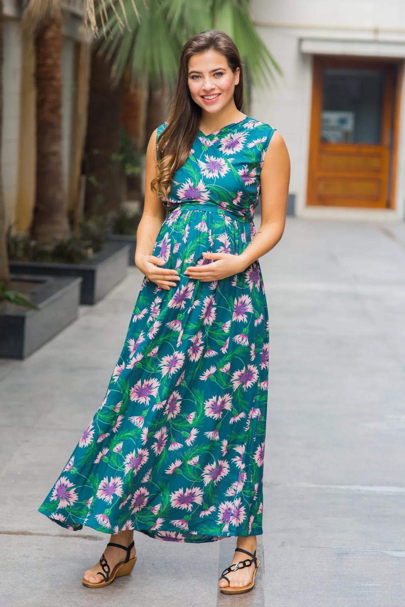 Tropical Floral Maternity & Nursing Sleeveless Wrap Dress