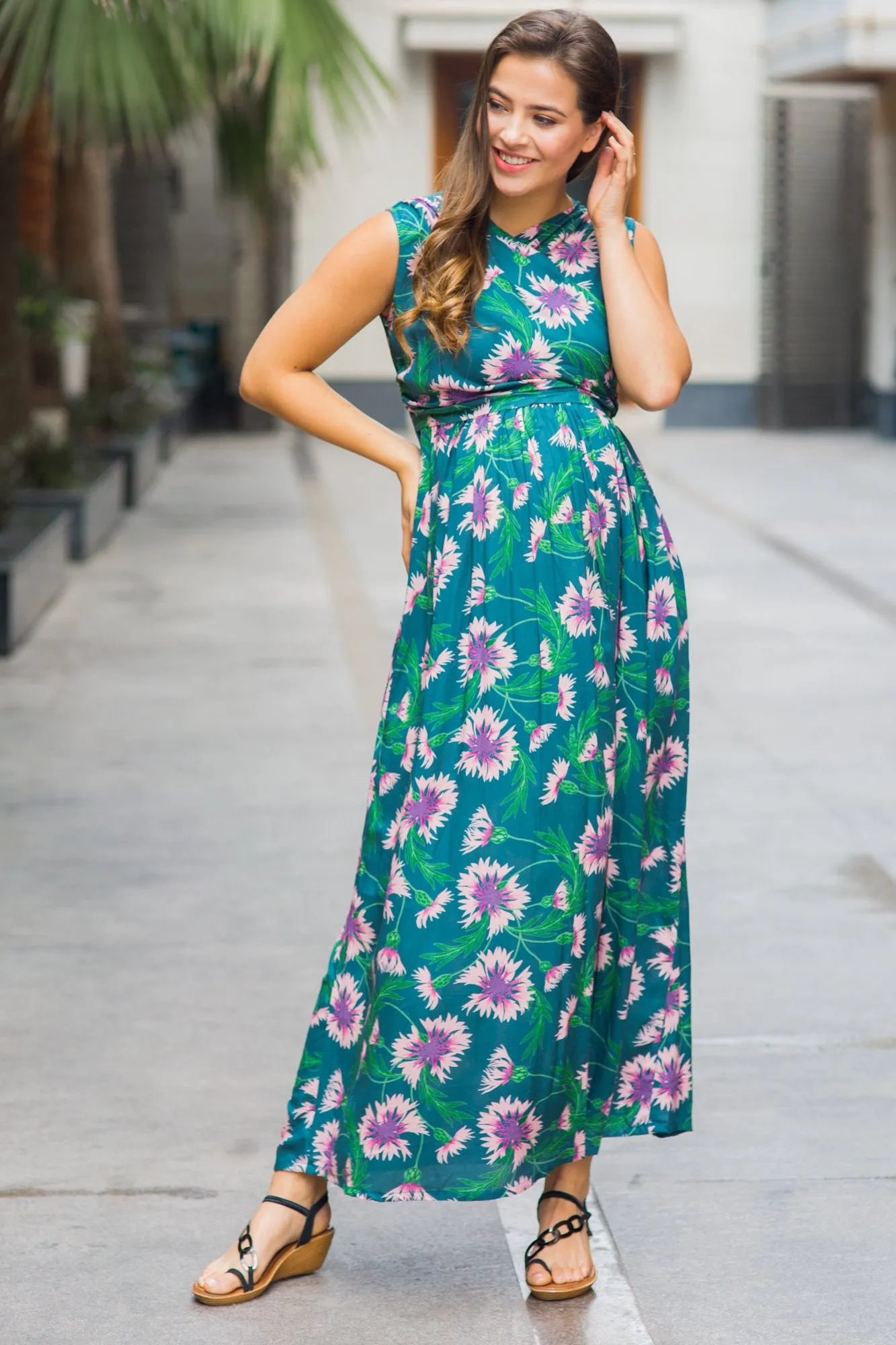 Tropical Floral Maternity & Nursing Sleeveless Wrap Dress