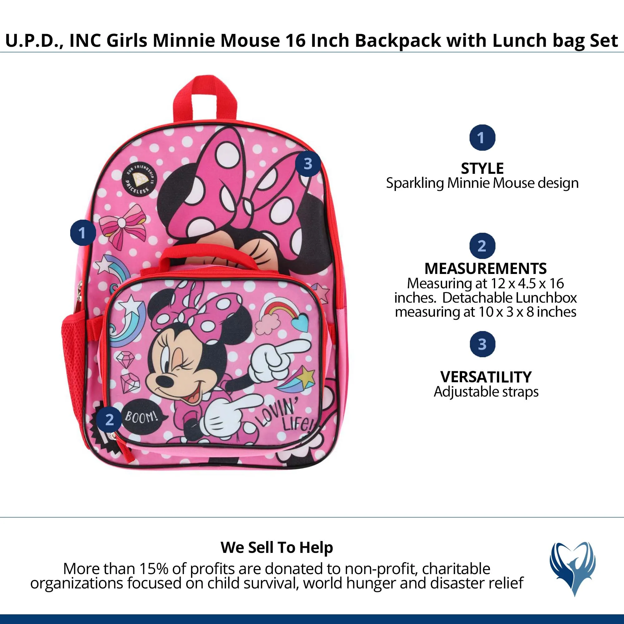 U.P.D., INC Girls Minnie Mouse 16 Inch Backpack with Lunch bag Set