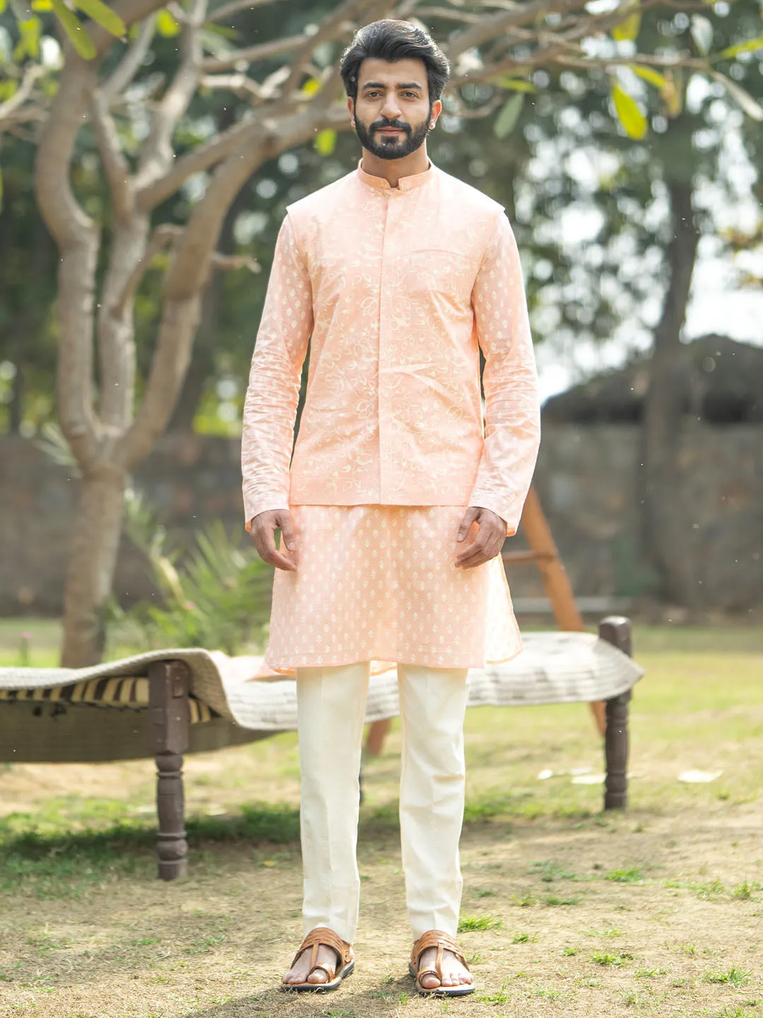 VASTRAMAY Men's Peach And Cream Cotton Jacket, Kurta and Pyjama Set