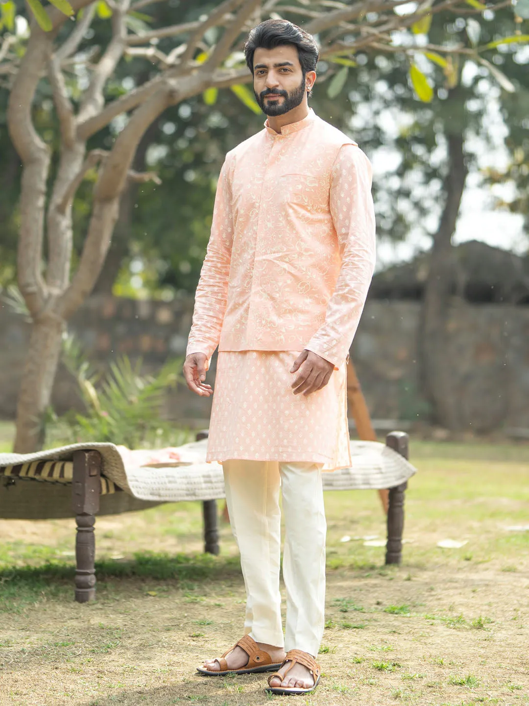 VASTRAMAY Men's Peach And Cream Cotton Jacket, Kurta and Pyjama Set