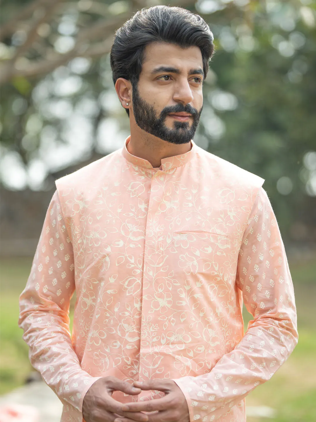 VASTRAMAY Men's Peach And Cream Cotton Jacket, Kurta and Pyjama Set