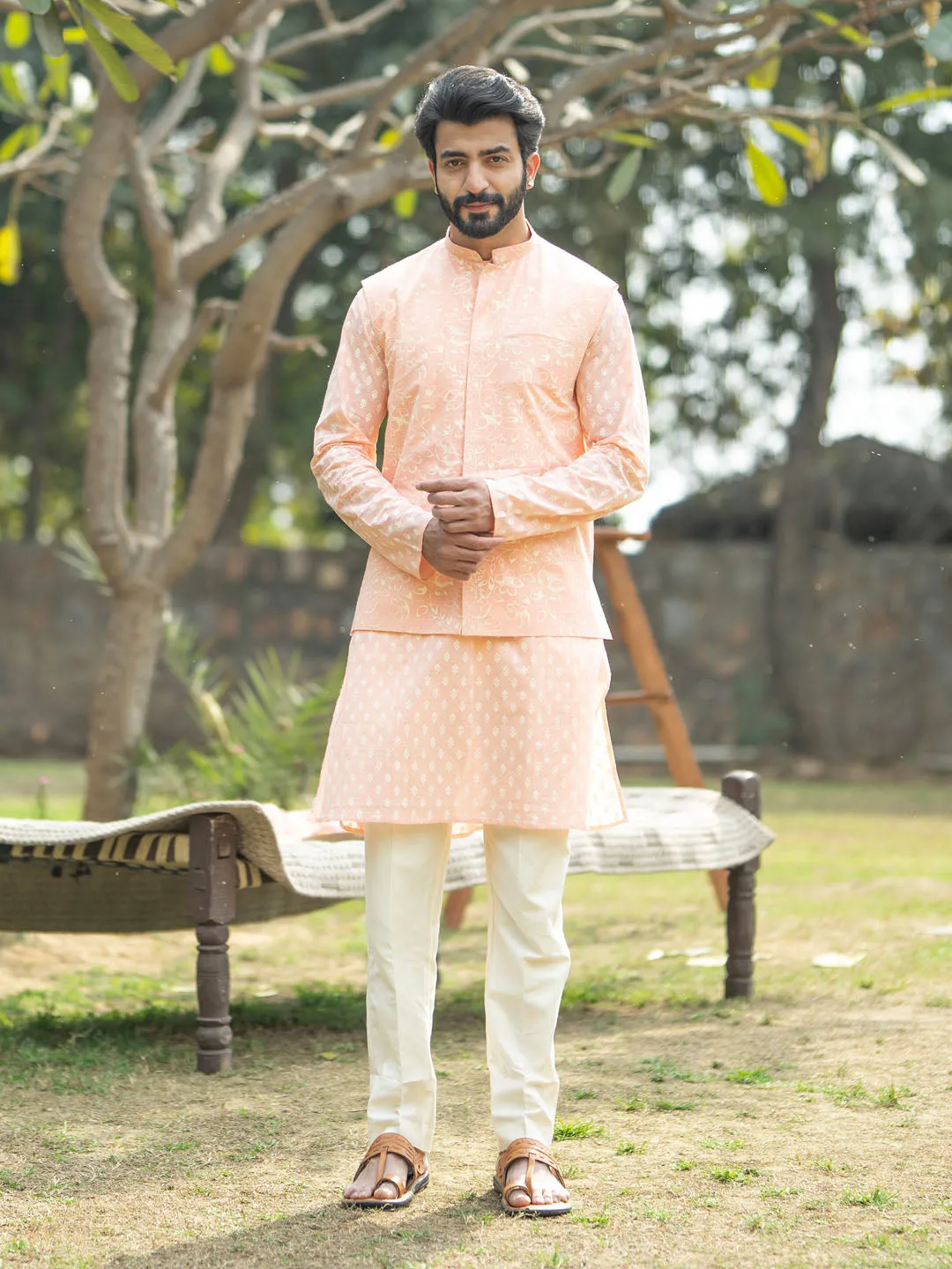 VASTRAMAY Men's Peach And Cream Cotton Jacket, Kurta and Pyjama Set