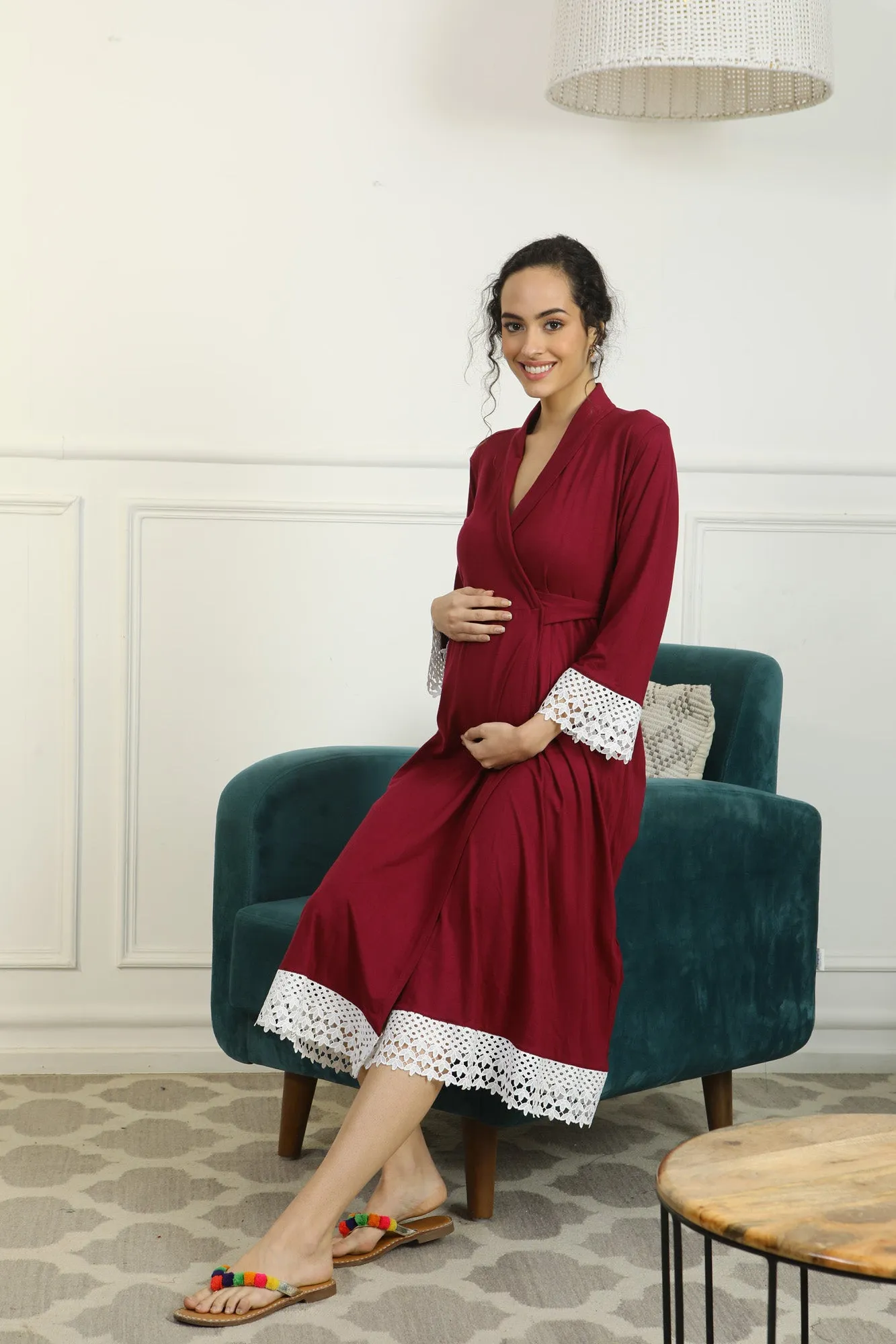 Vibrant Mulberry Lycra Maternity & Nursing Wrap Nightwear Dress + Matching Baby Swaddle Set Of 2