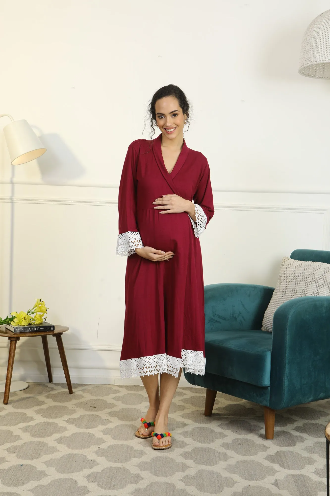 Vibrant Mulberry Lycra Maternity & Nursing Wrap Nightwear Dress + Matching Baby Swaddle Set Of 2