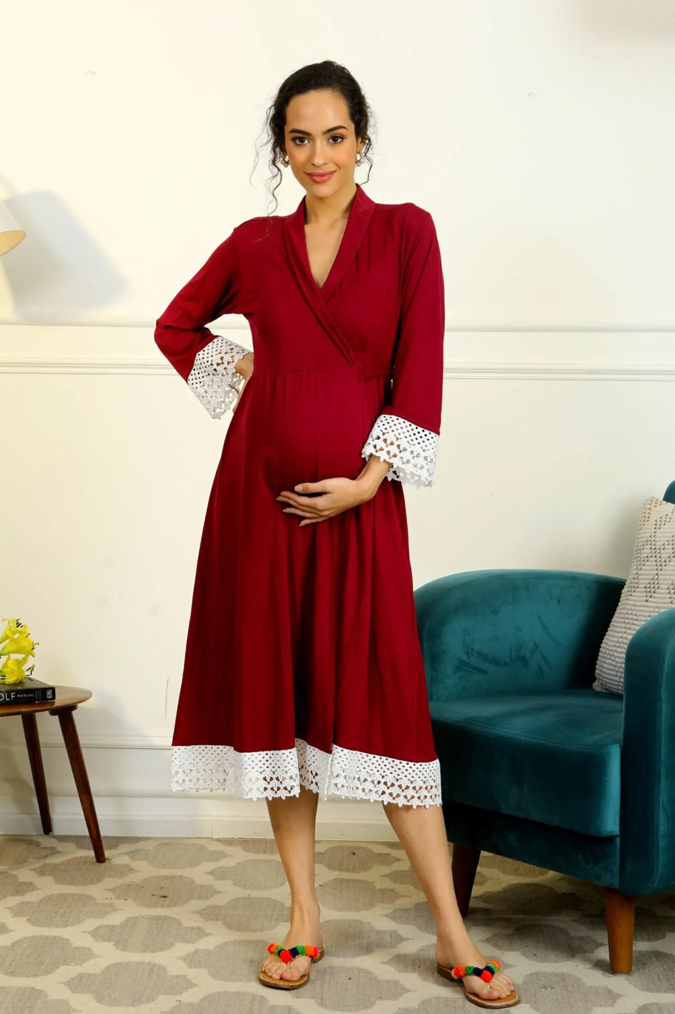 Vibrant Mulberry Lycra Maternity & Nursing Wrap Nightwear Dress + Matching Baby Swaddle Set Of 2